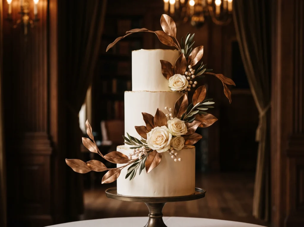 Burnished Magnolia Inspiration Southern autumn Magnolia wedding cake bronze leaves