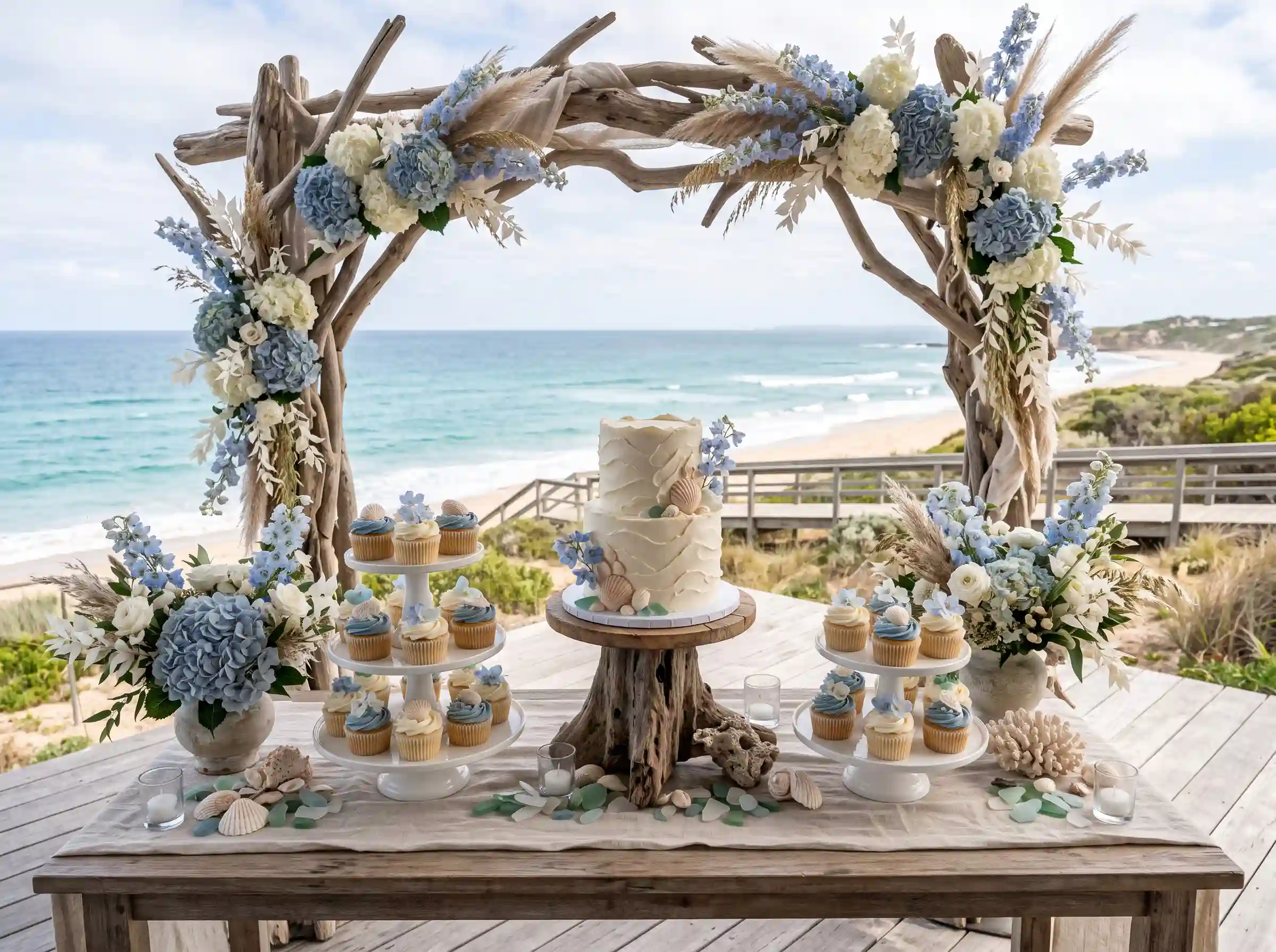 Coastal blue wedding dessert display with ocean-inspired small cake and cupcakes on sandy tones
