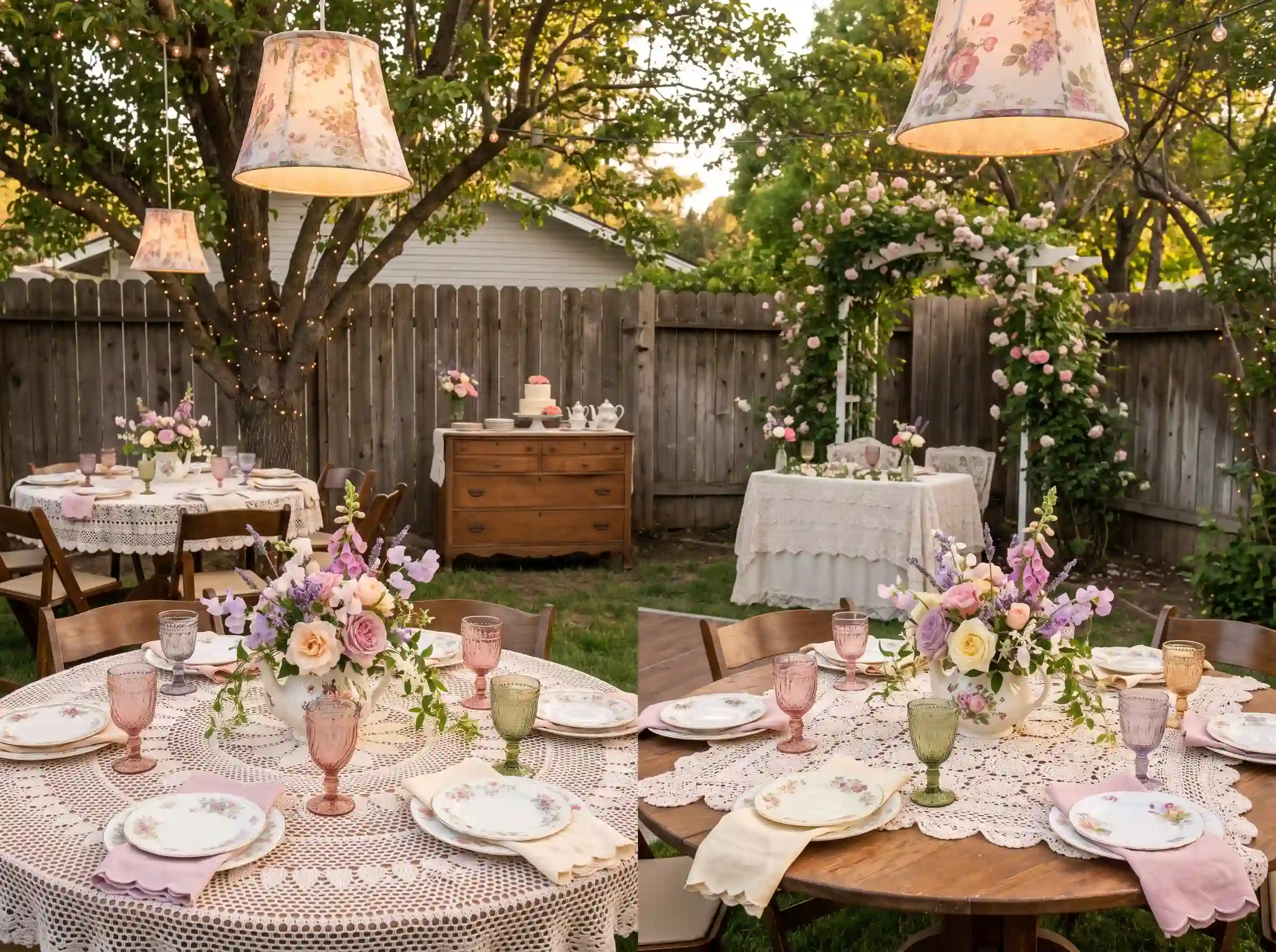 Romantic cottagecore tea party wedding reception with floral china and garden roses