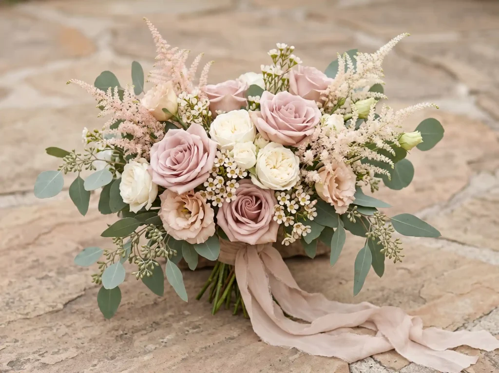 Dusty Blush Serenity Inspiration Gentle muted c Bouquet with roses and astilbe