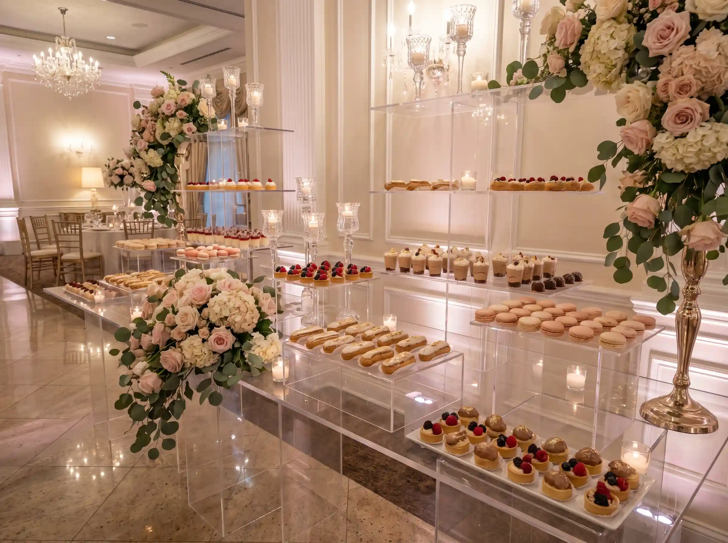 Elevated wedding dessert buffet with floating acrylic shelves macarons éclairs and cascading florals