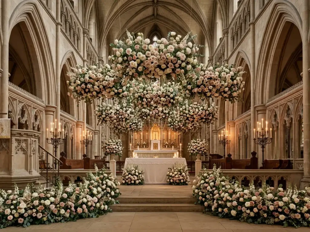 Floral Stairway Blessing Inspiration Inspired b Roses in church sanctuary