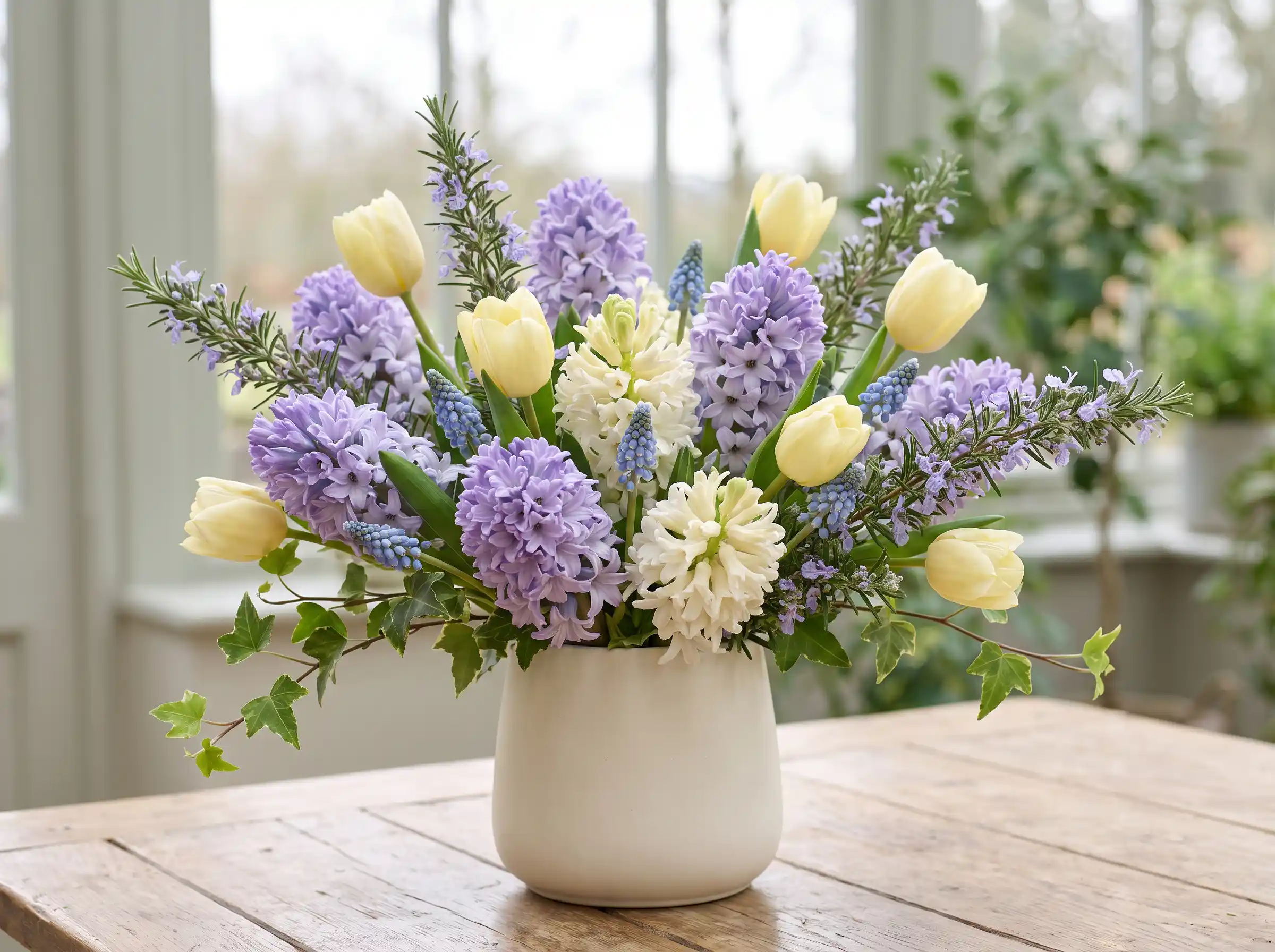 Fragrant hyacinth elegance wedding arrangement with lavender white hyacinths creamy tulips and trailing ivy