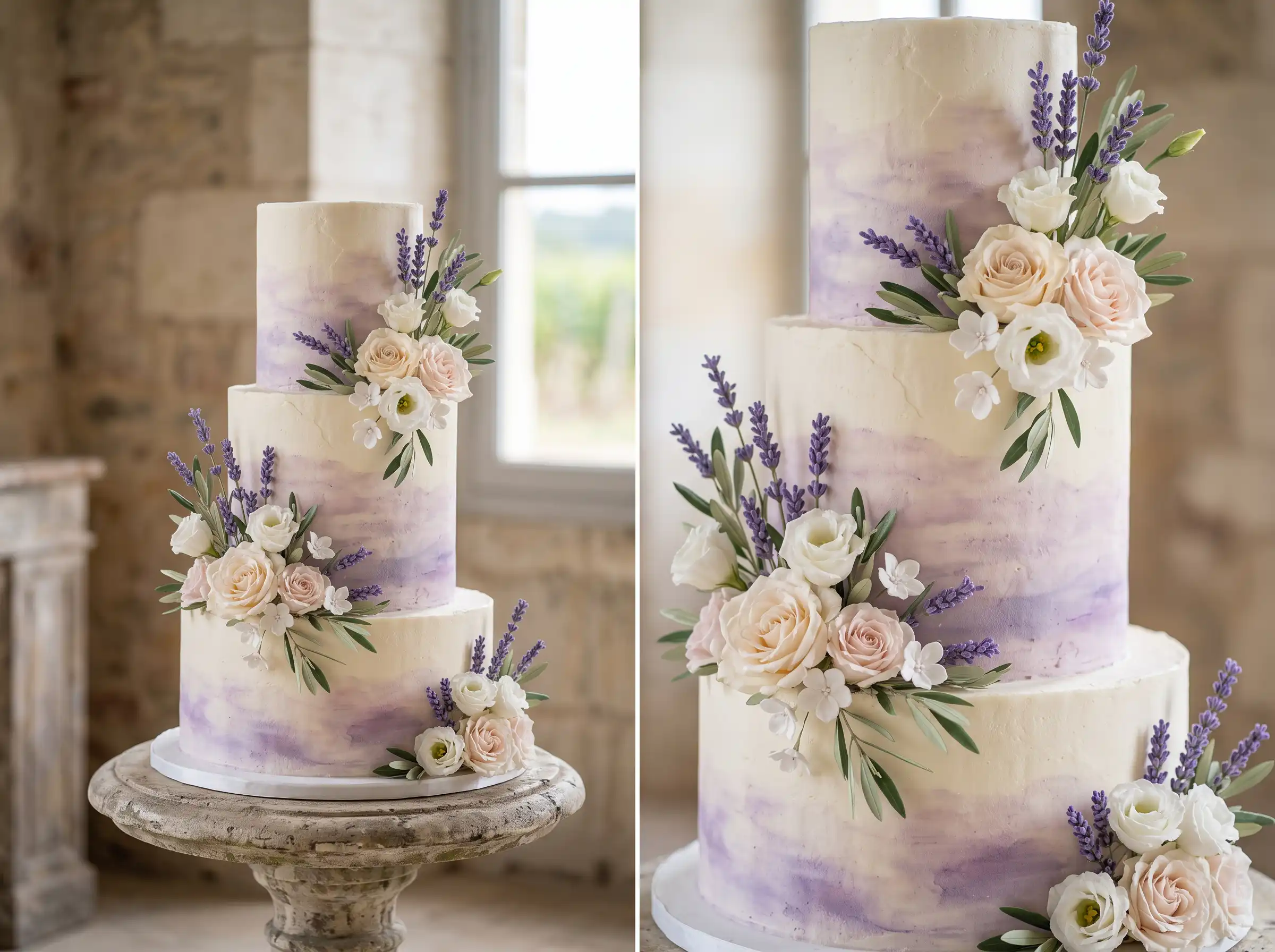 Graceful French chateau wedding cake with soft lavender florals and delicate purple romantic tones