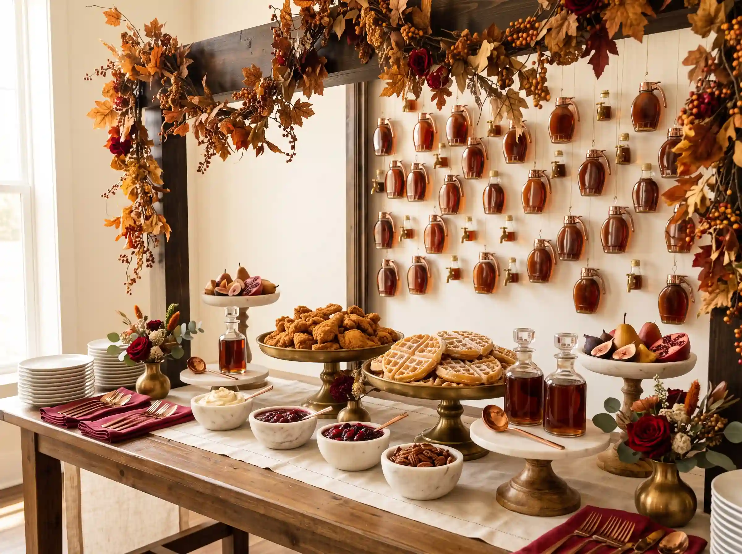 Elegant chicken and waffle wedding buffet with hanging copper maple syrup dispensers and autumn foliage