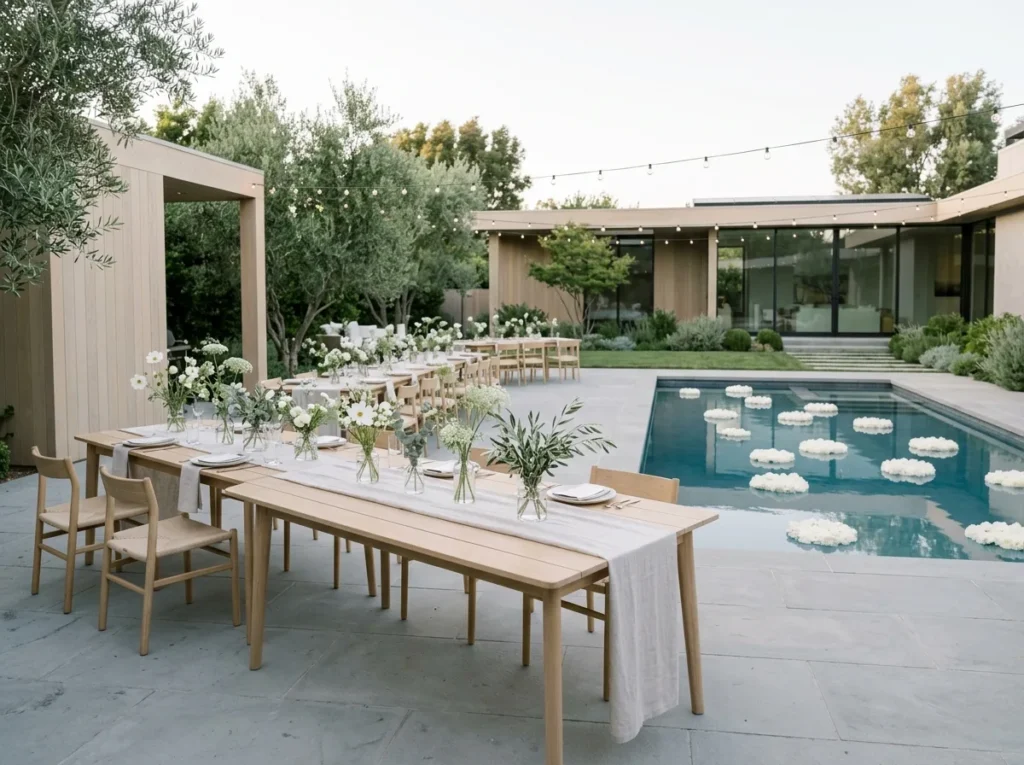 Minimalist pool reception Scandi…