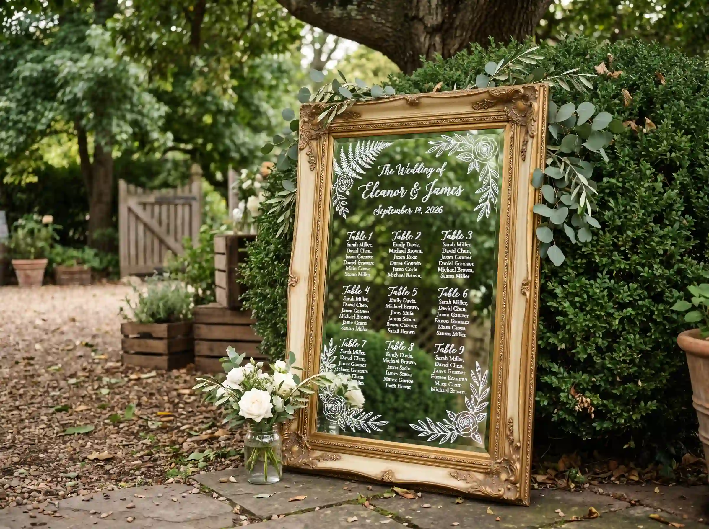 Ornate antique gold frame mirror with hand-written seating chart in white chalk marker and eucalyptus sprigs