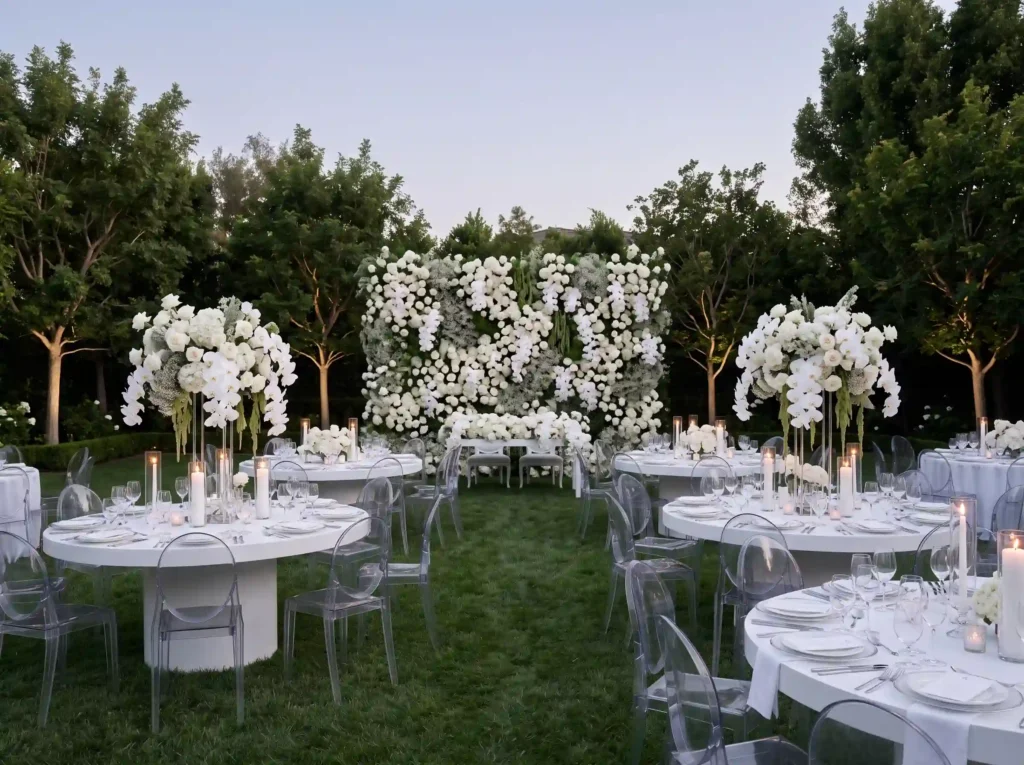 Monochrome White Luxe Garden Inspiration A luxu White garden reception floral wall