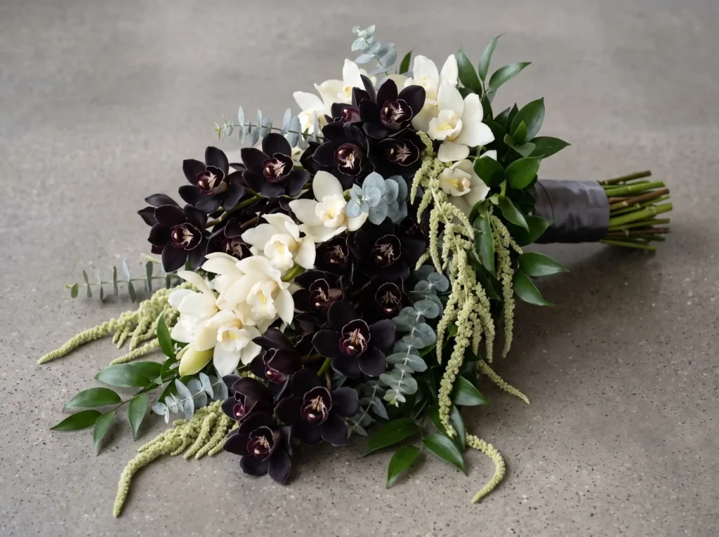 Obsidian Orchid Cascade Inspiration Contemporar Black orchids cascading bouquet K
