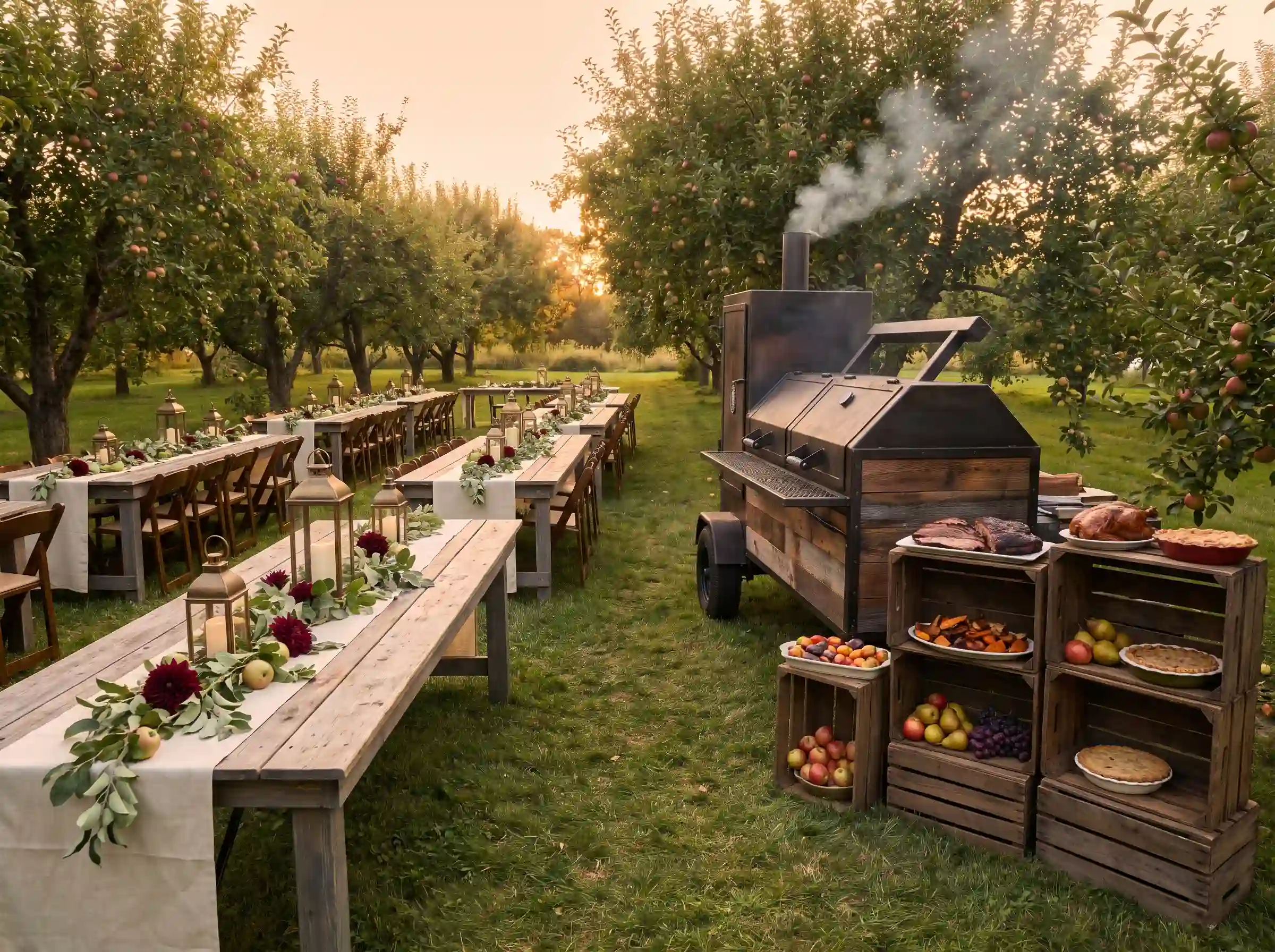 Romantic orchard applewood BBQ wedding reception with vintage crates and dahlia centerpieces