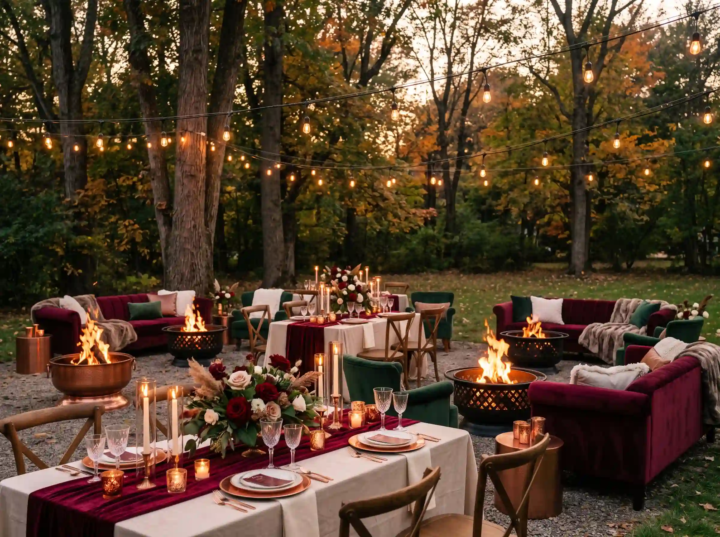 Romantic firelight reception with smokeless fire bowls, velvet lounge seating, and burgundy floral arrangements
