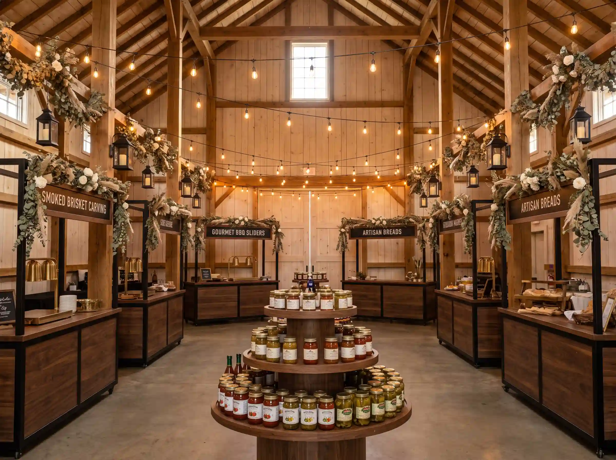 Rustic barn food hall wedding with individual market booths and circular condiment station