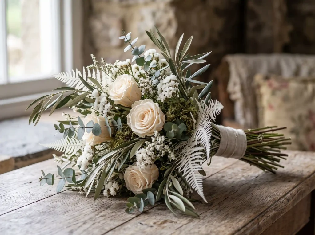 Sage Woodland Harmony Inspiration Forest greene Bouquet with preserved roses euc…