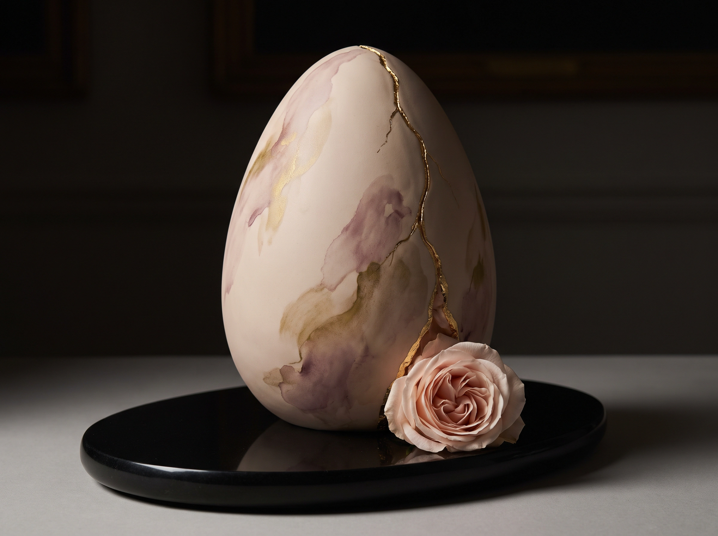 Egg-shaped blush marbled cake with gold kintsugi crack and single rose on black plate