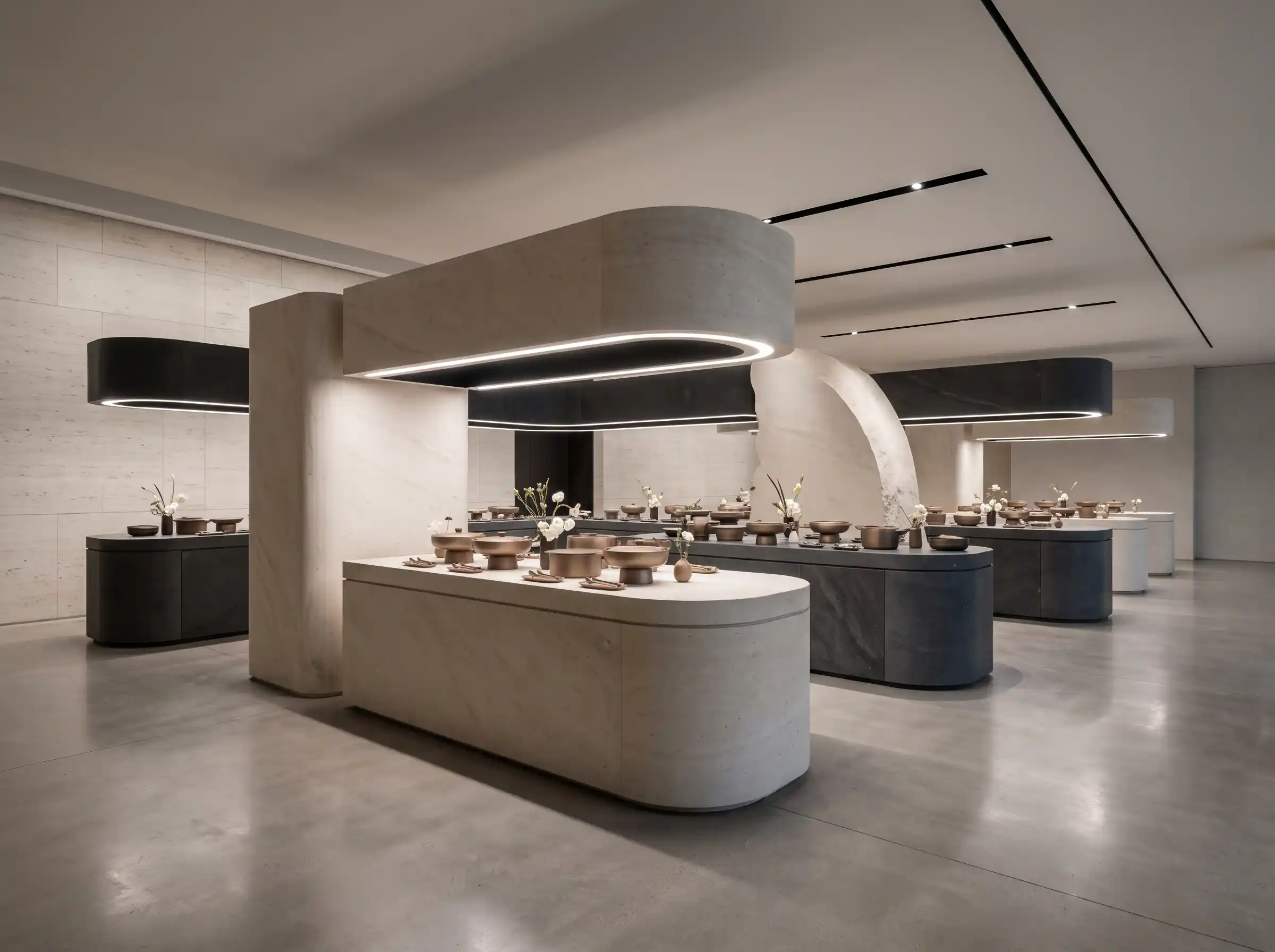 Modern sculptural stone buffet wedding food display with curved travertine islands, minimalist ceramics, and soft architectural lighting