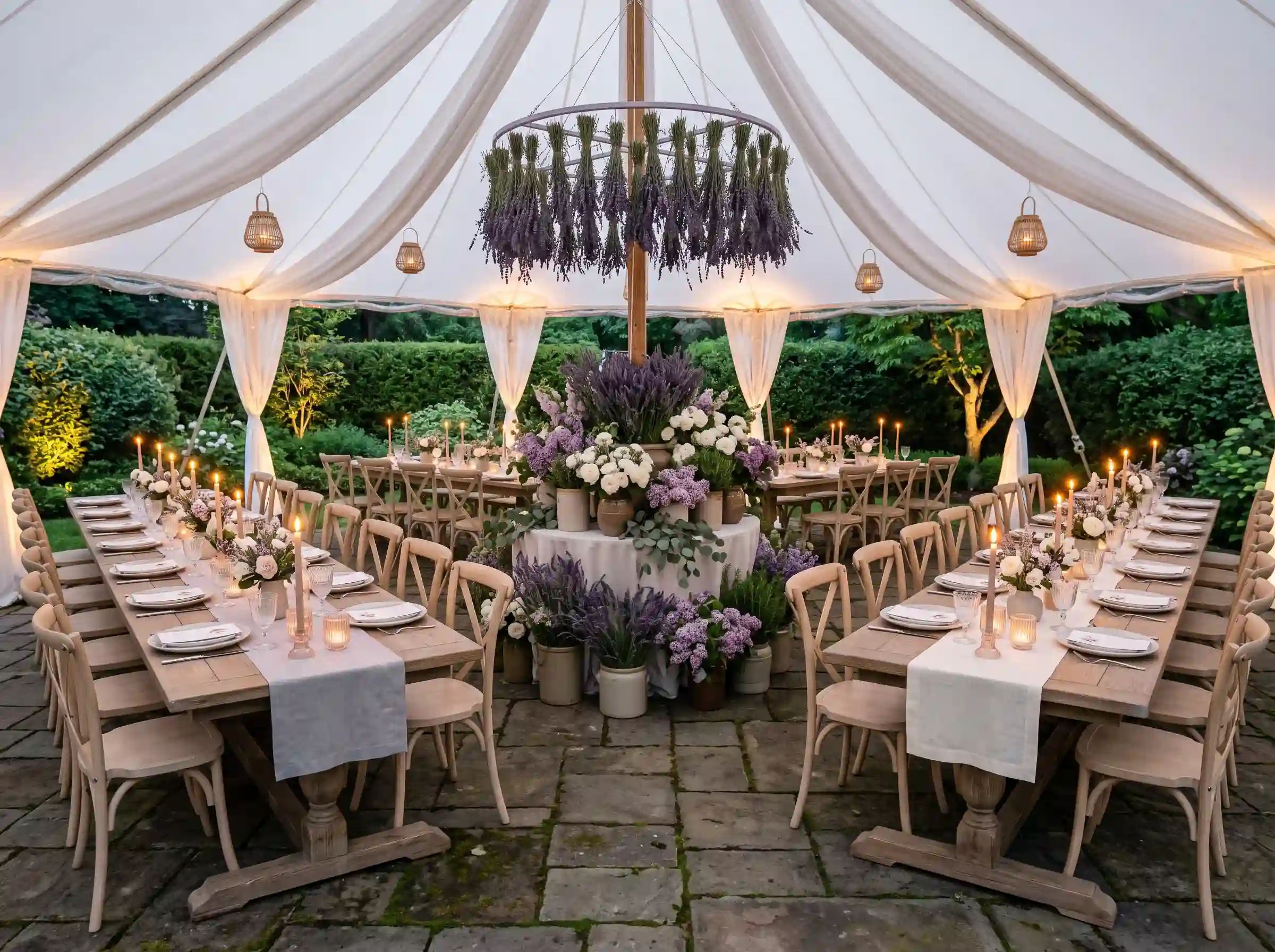 Secret lavender supper tent with star-shaped table layout and lavender stems in stoneware vessels