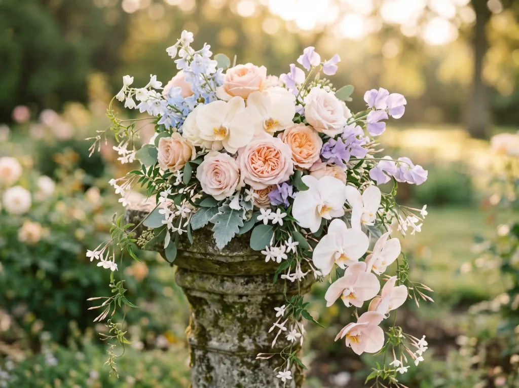 Sunrise Blossom Cascade Inspiration Early morni Cascading pastel bouquet displayed K
