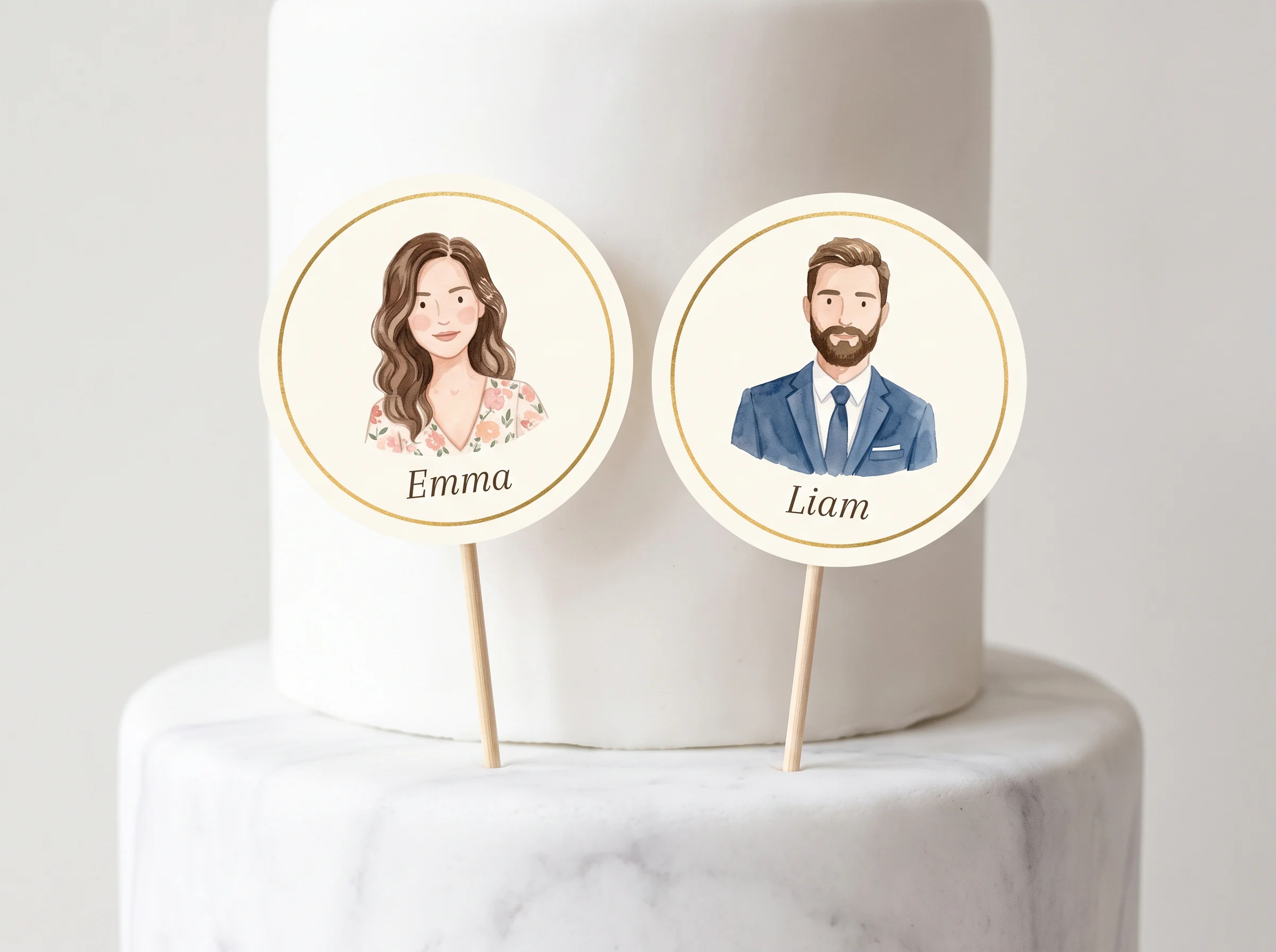 Custom watercolor illustrated couple portrait busts on circular cake toppers