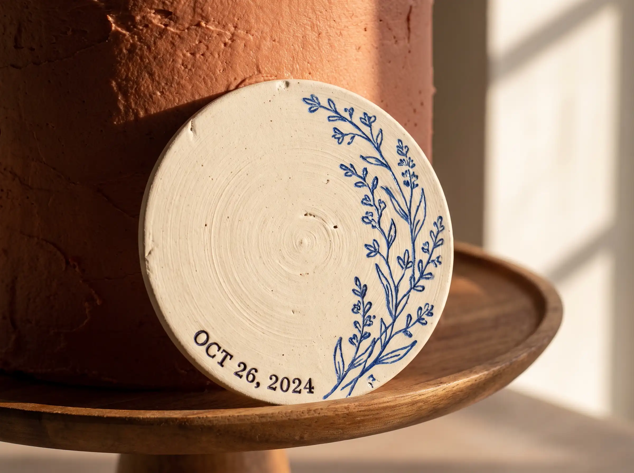Handmade ceramic disc cake topper with blue floral painting and wedding date beside terracotta cake