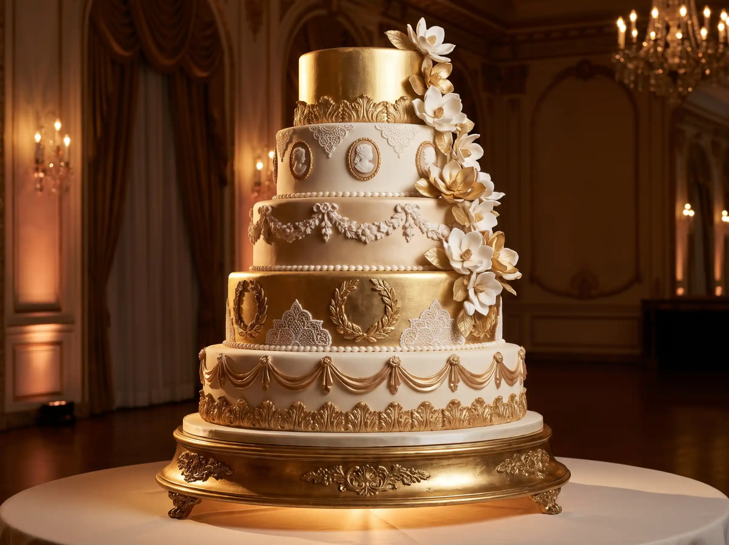 Five-tier Rococo gilded wedding cake with acanthus leaf borders cameo panels and cascading sugar magnolias