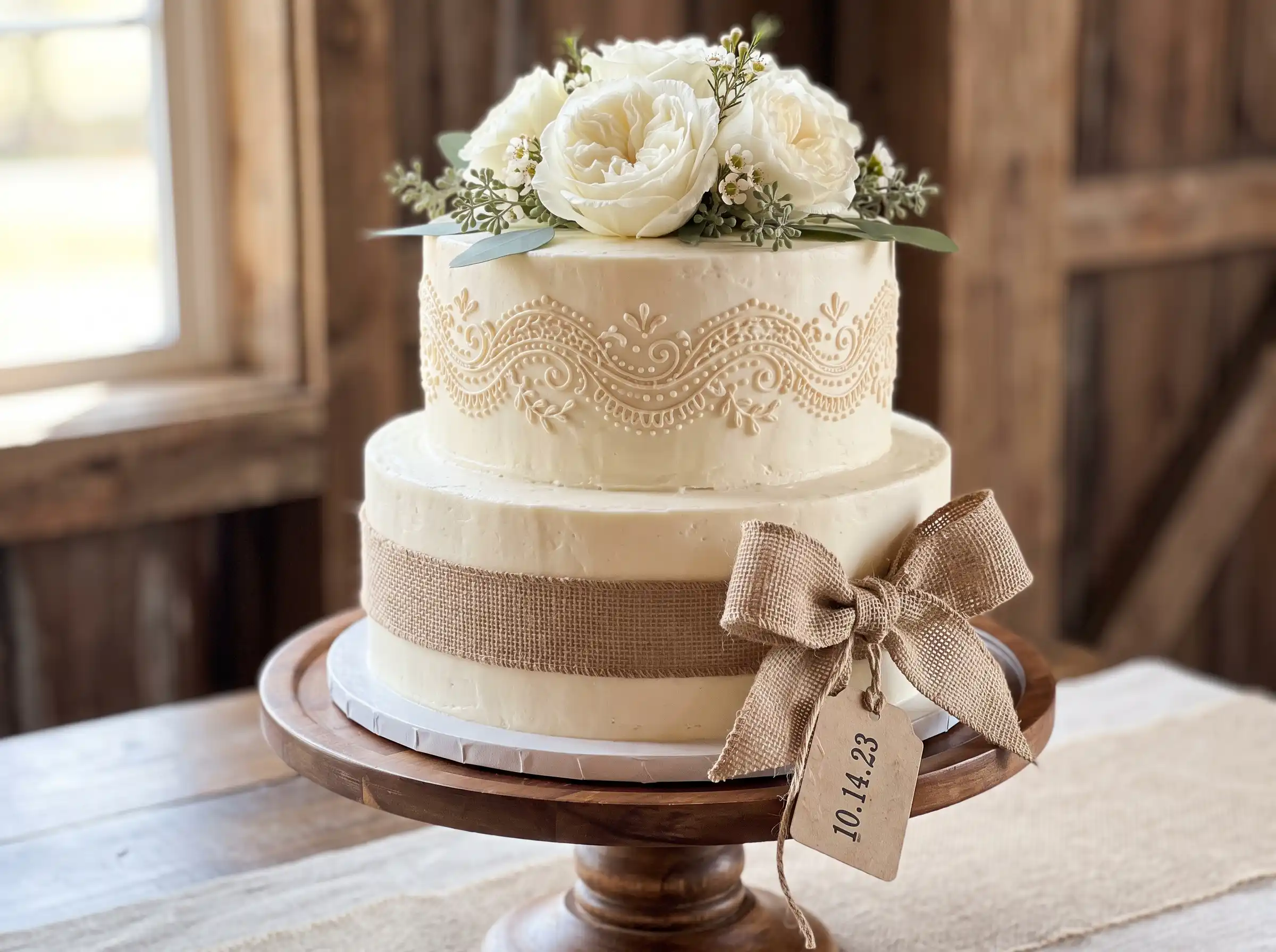 Rustic two-tier ivory buttercream wedding cake with burlap ribbon bow and piped lace details