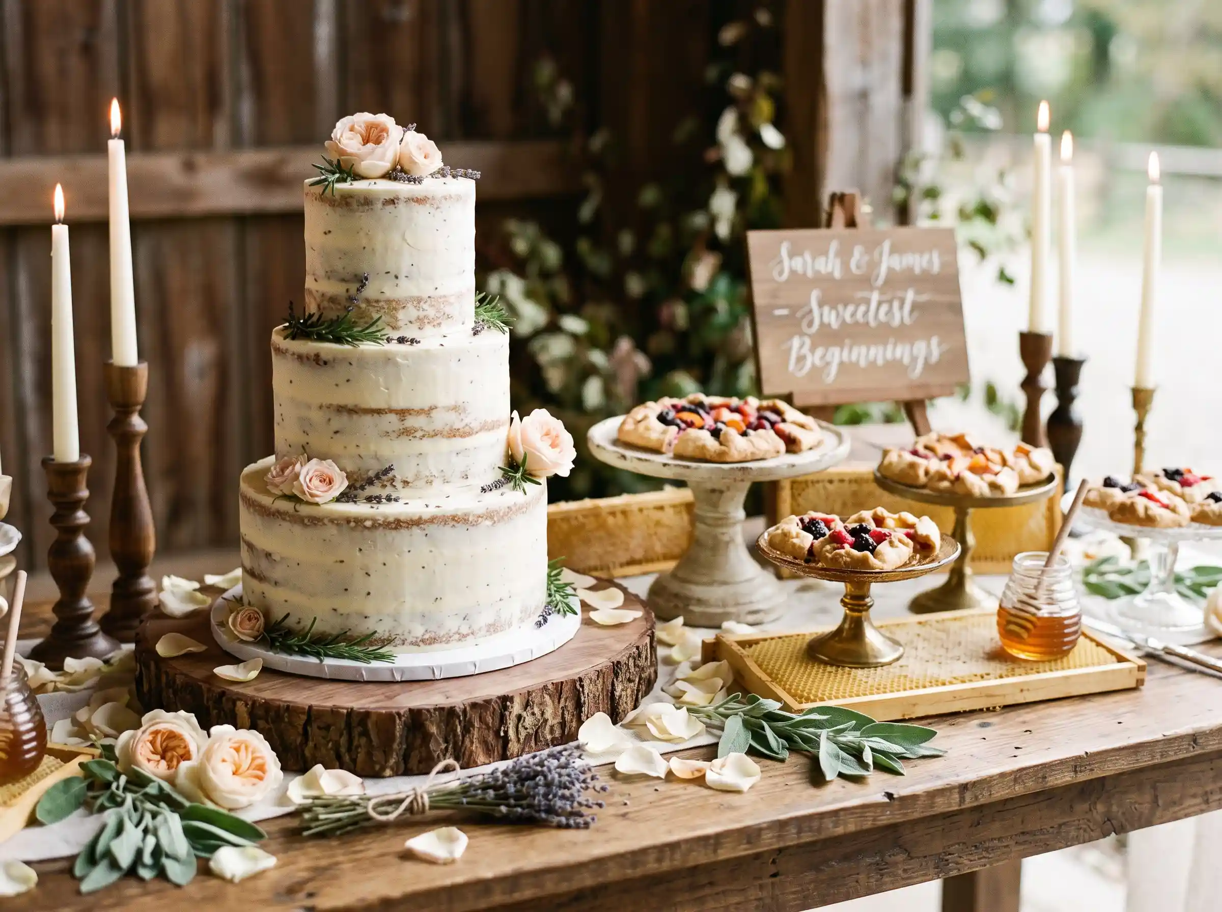 Semi-naked wedding cake on a raw edge walnut slice surrounded by taper candles and vintage cake stands