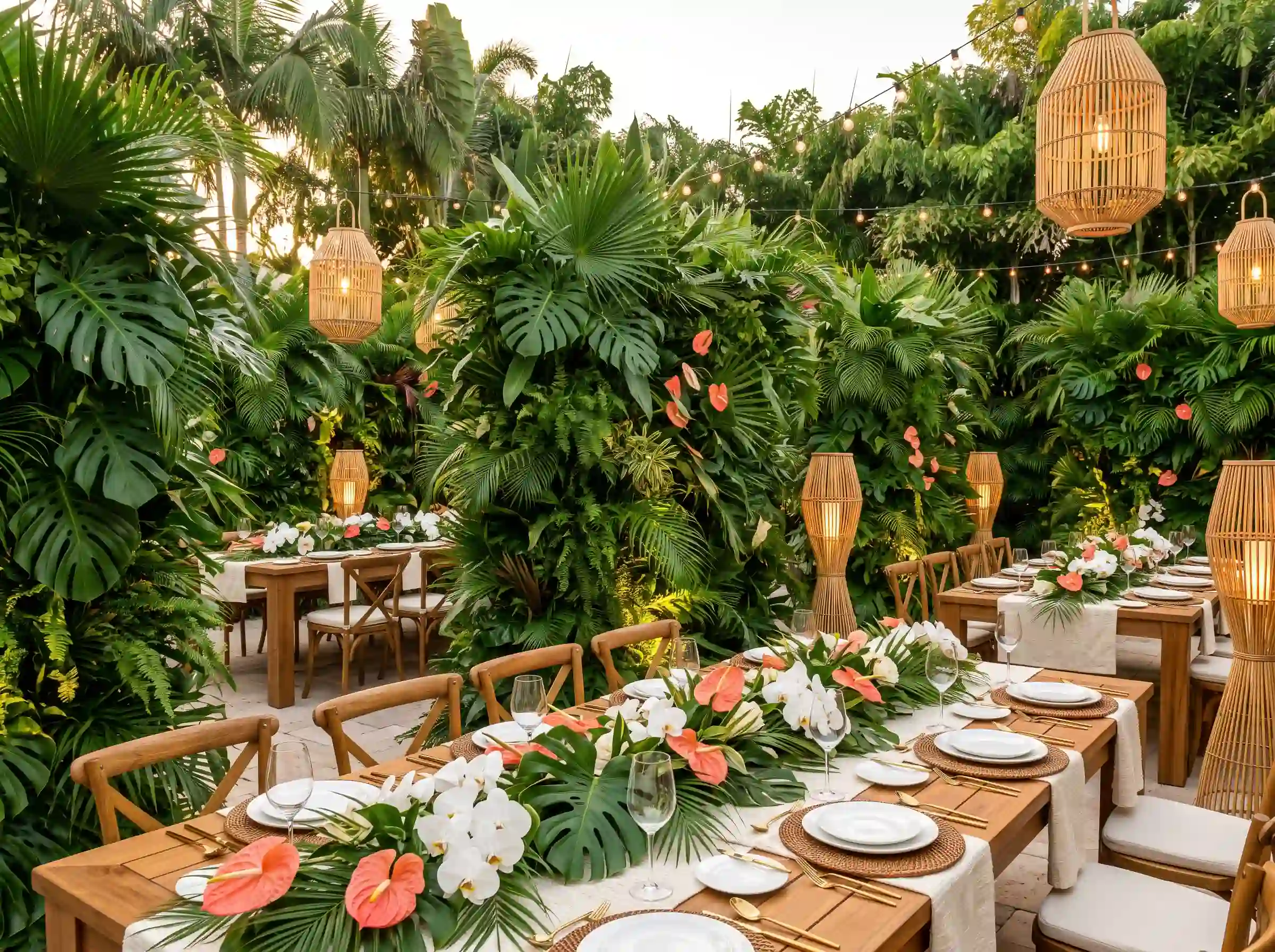 Tropical resort garden wedding reception with lush palm fronds and vibrant exotic flowers around elegant tables