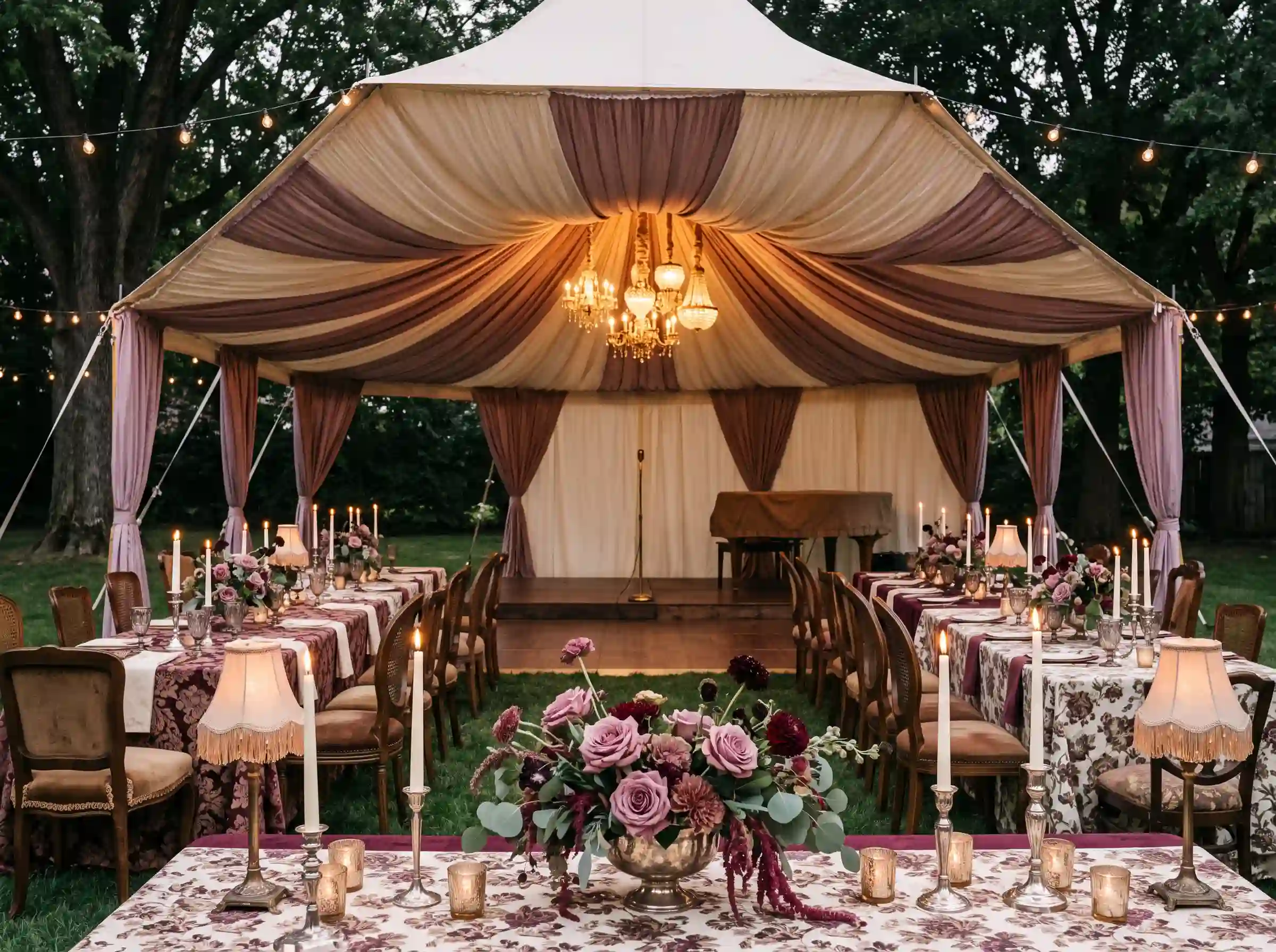 Vintage tent supper club reception with patterned linens antique chairs fringed lamps and live music stage