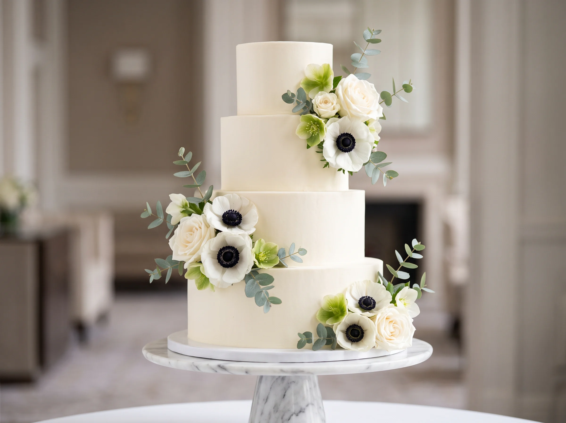 Modern luxurious wedding cake featuring white anemone flowers with dark centers on sleek tiers