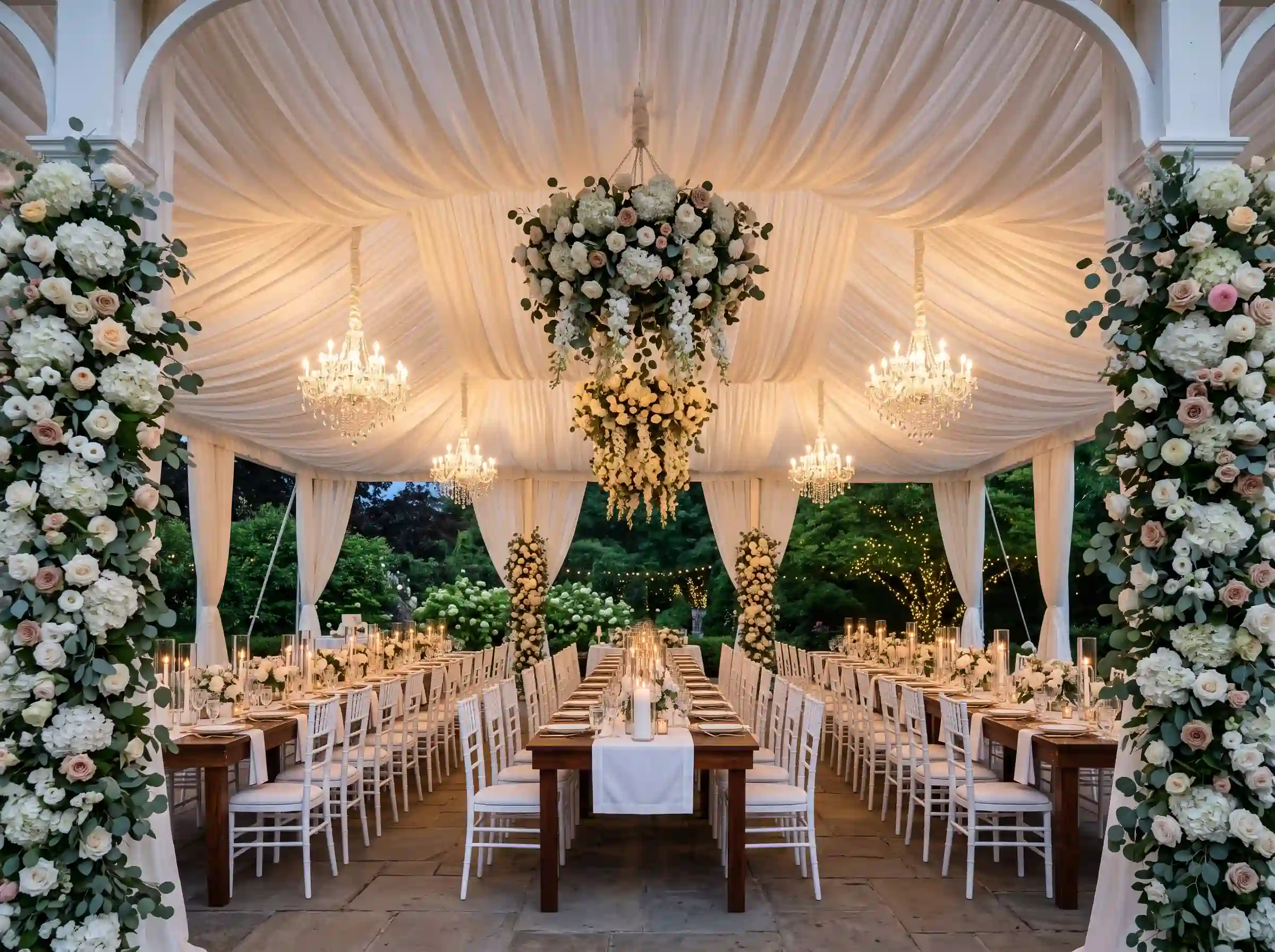 White garden pavilion reception with flowing ceiling drapery floral chandeliers and elegant Chiavari chairs