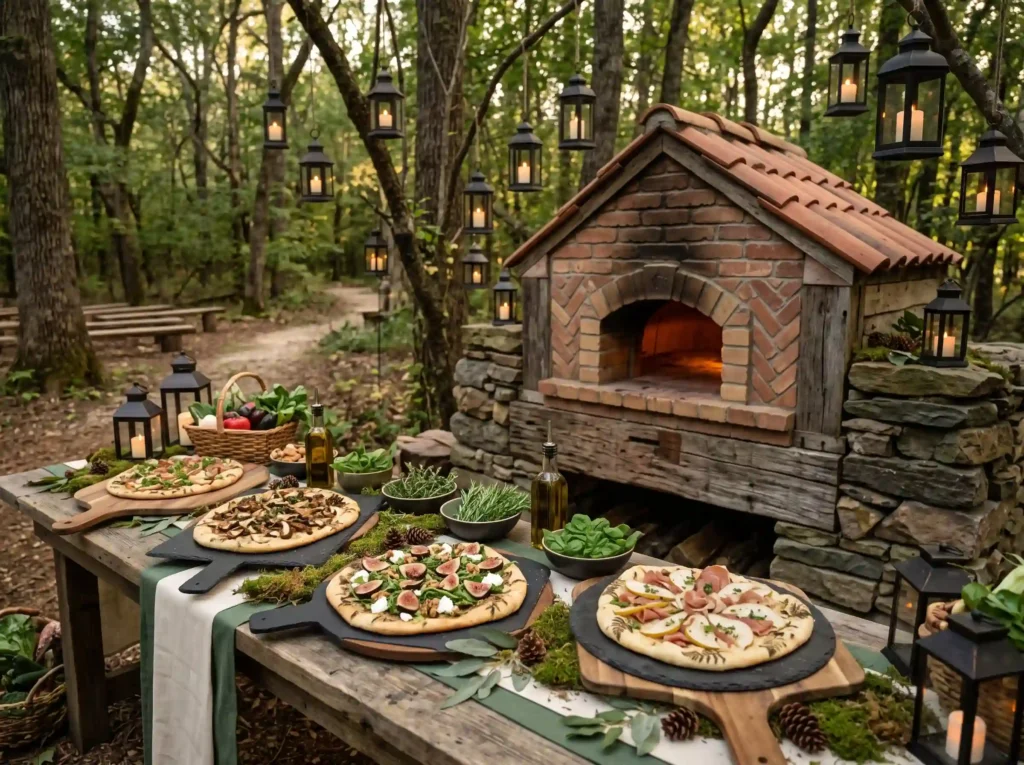 Woodland Flatbread Oven Inspiration Rustic wood Flatbread station with pizzas oven