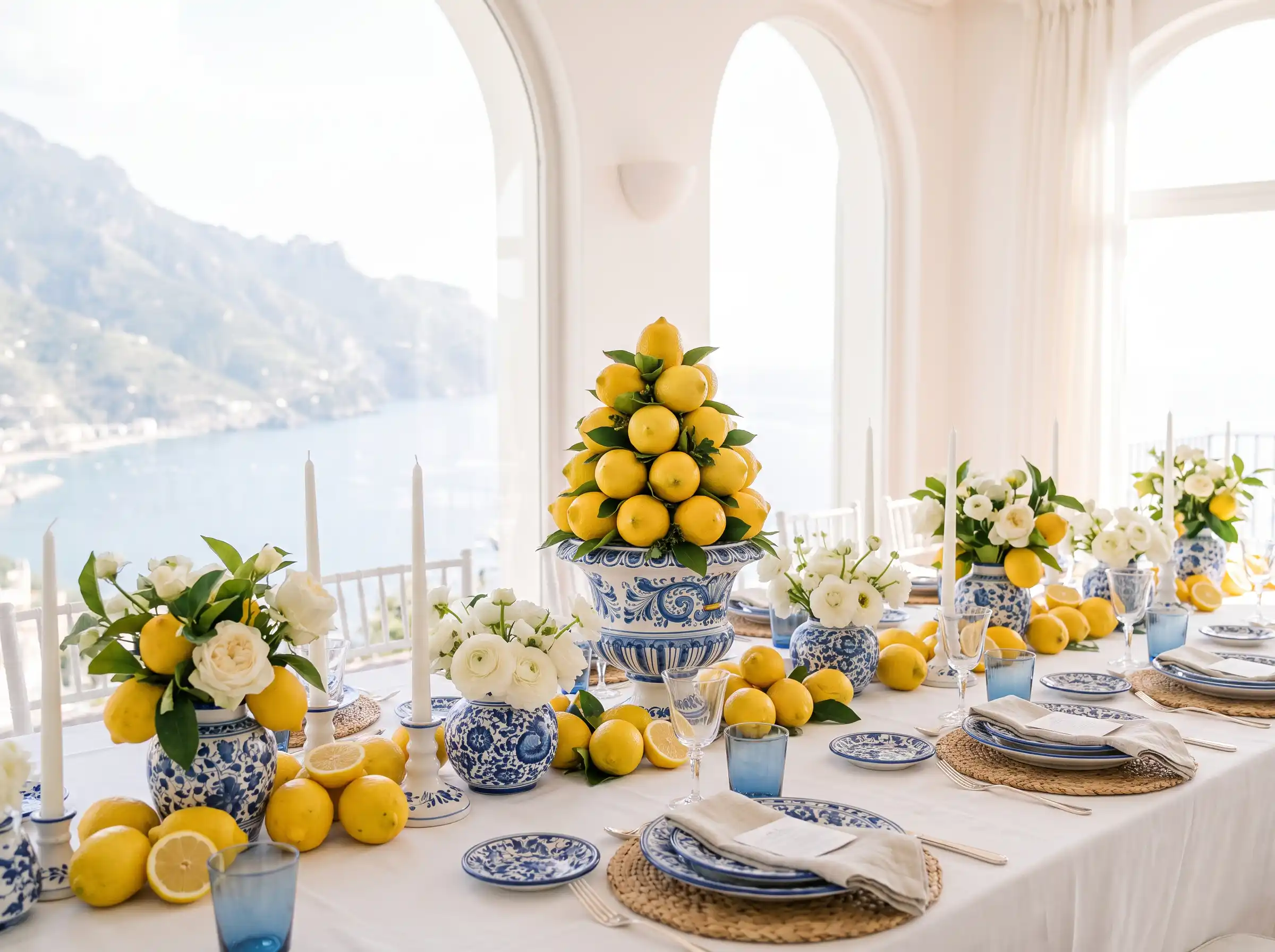Bright Amalfi coast wedding lunch table with lemons hand painted ceramics and Mediterranean charm