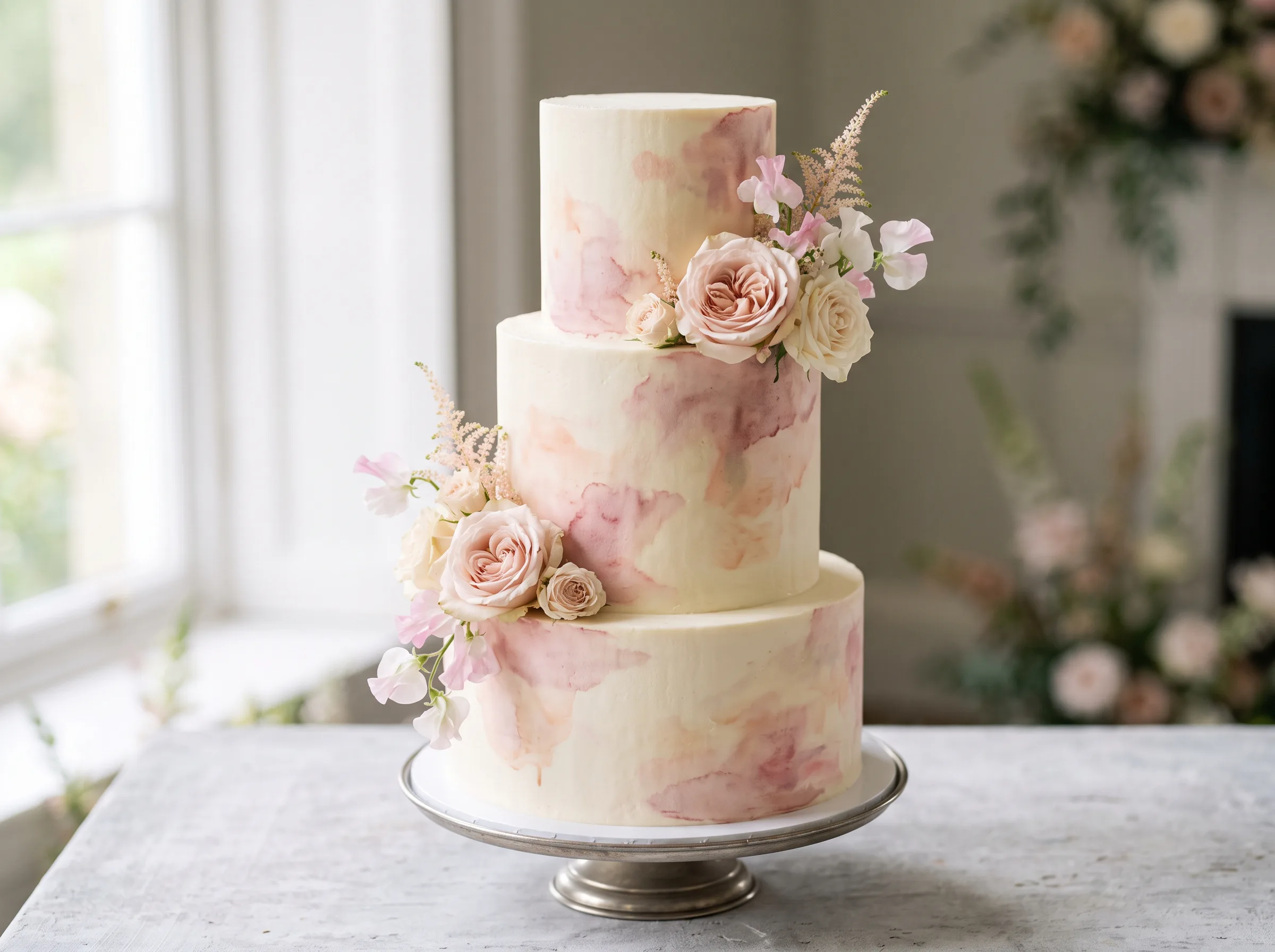Soft blush pink watercolor wedding cake with romantic hand-painted gradient effect