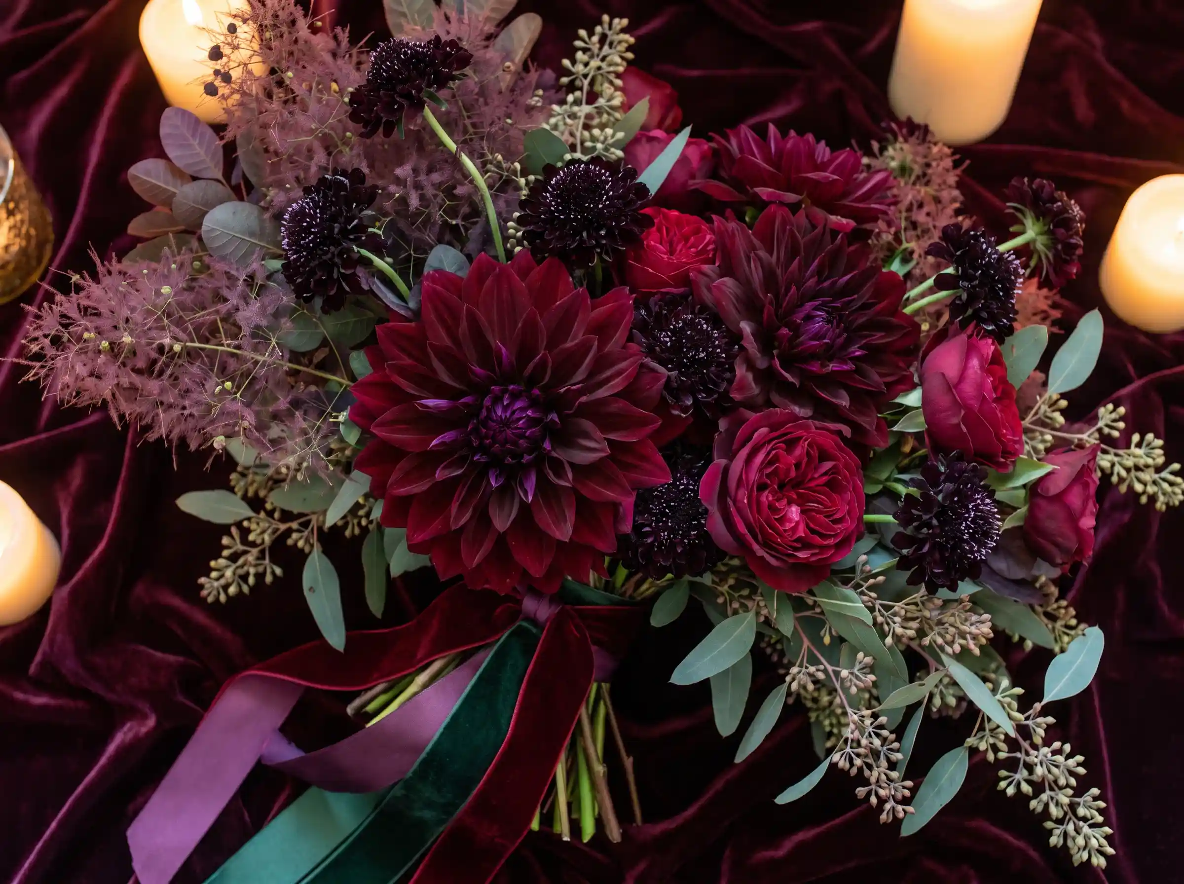 Dramatic burgundy dinner-plate dahlia luxury bouquet with wine roses and smoke bush