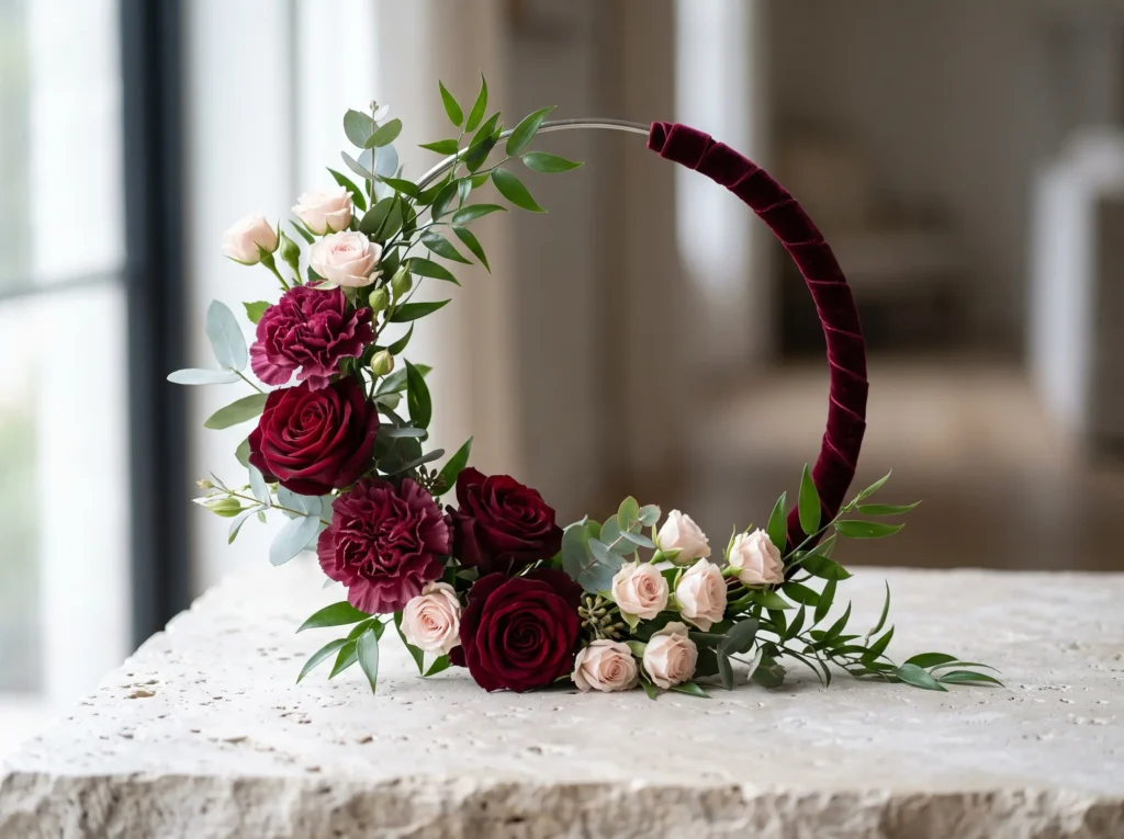 Burgundy Floral Hoop Bouquet Inspiration Contem Burgundy floral hoop bouquet K