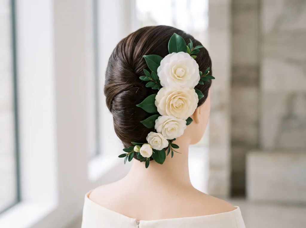 Camellia Elegance Inspiration Sculptural blooms Camellia hairstyle luxury wedding K