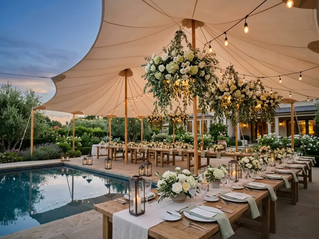 Champagne Sailcloth Retreat Inspiration Relaxed Sailcloth canopy with floral cha…