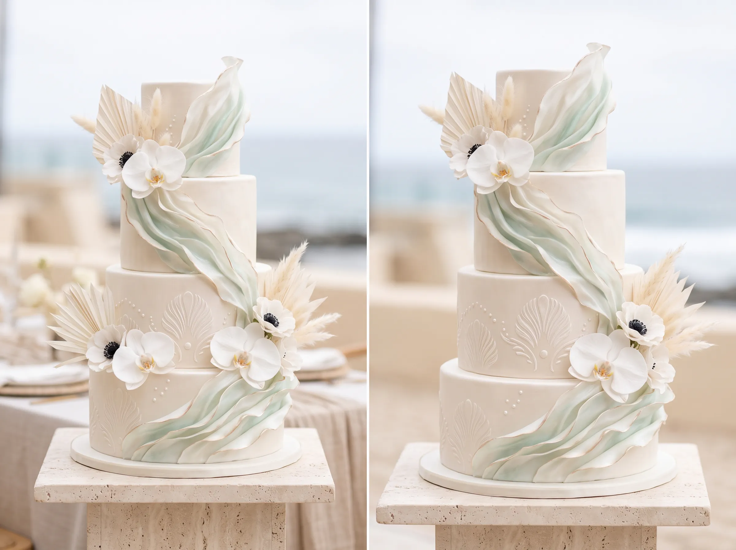 Elegant beach wedding cake with pearl textures and soft oceanic blue details