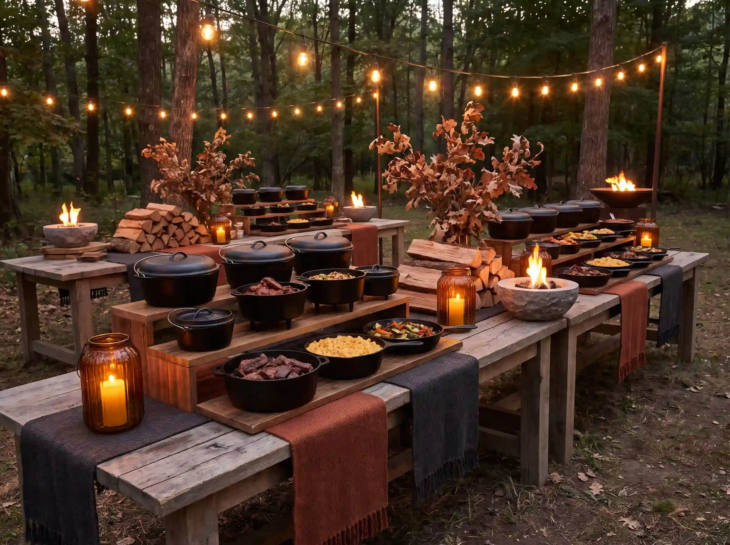 Campfire themed wedding buffet with cast-iron Dutch ovens and stone fire bowls under cafe lights