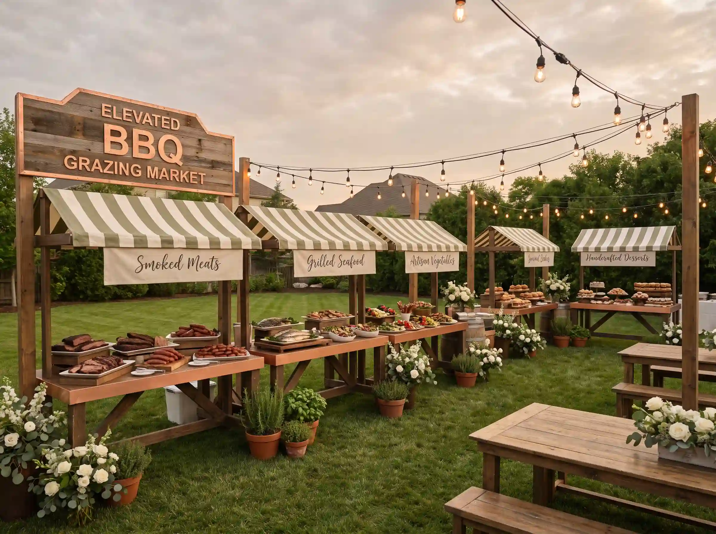 European-style BBQ grazing market wedding with gourmet food stalls and coordinated awnings