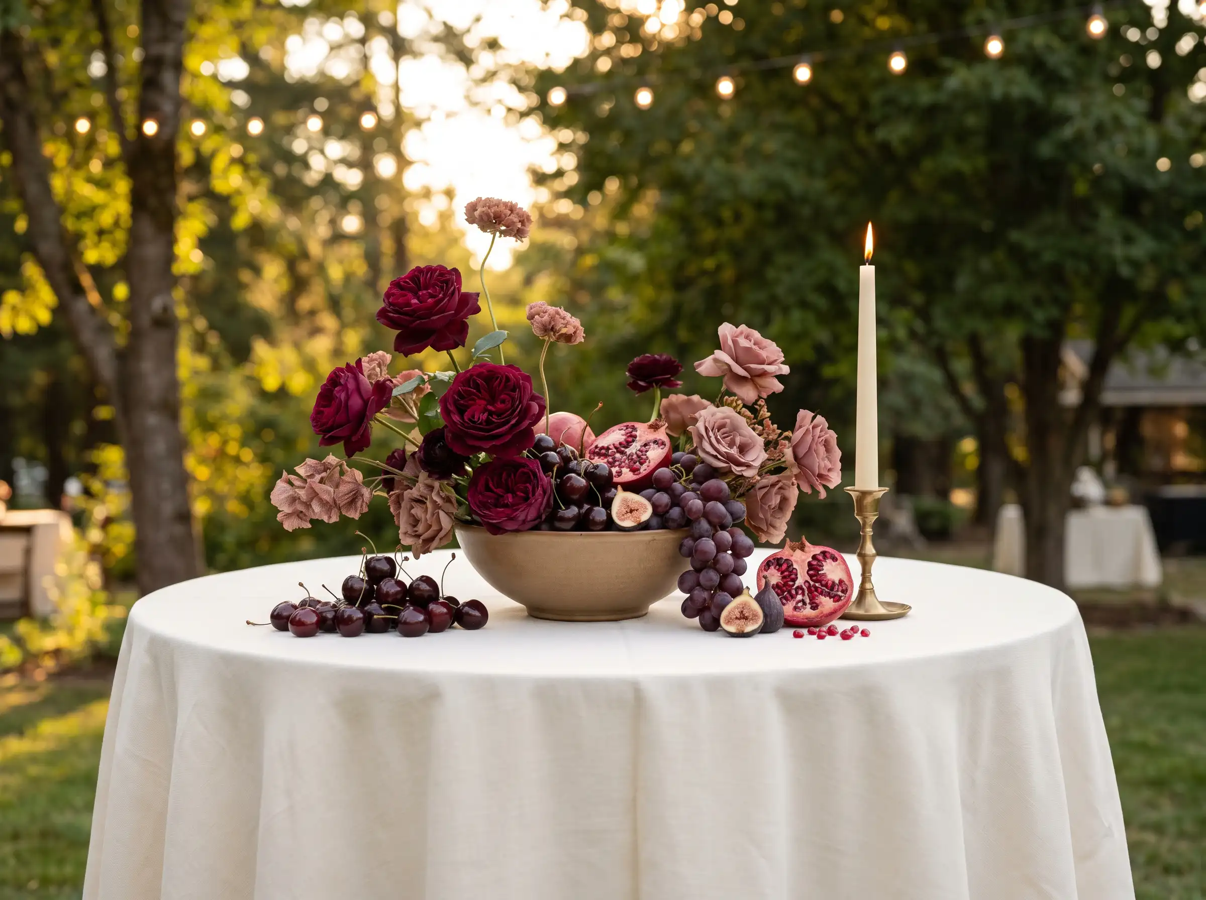 Still-life centerpiece with burgundy roses fresh cherries pomegranate grapes and figs in low ceramic bowl