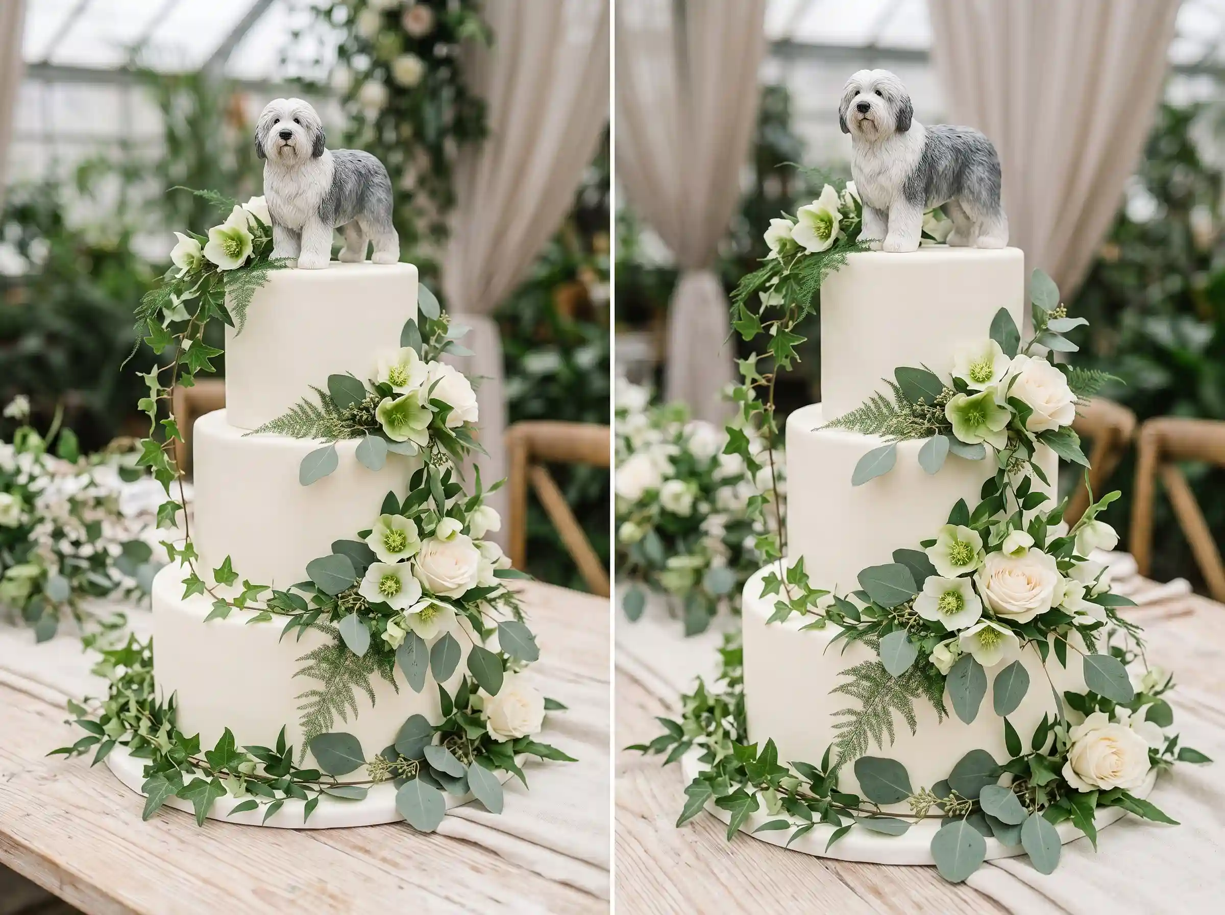 Lush botanical wedding cake with emerald green details and sheepdog figurine topper