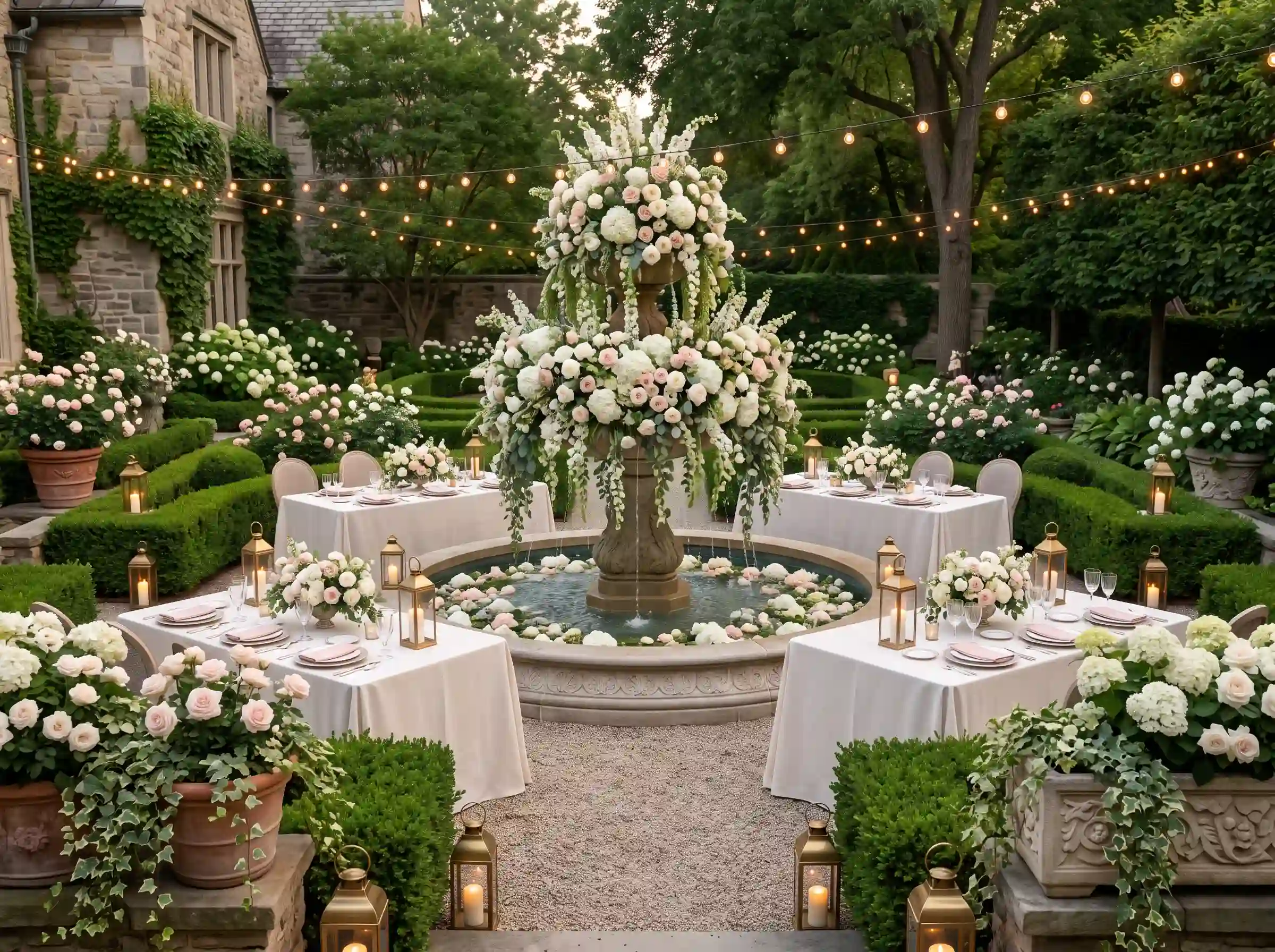 Grand floral fountain installation surrounded by symmetrical dining tables with blush roses and white hydrangeas