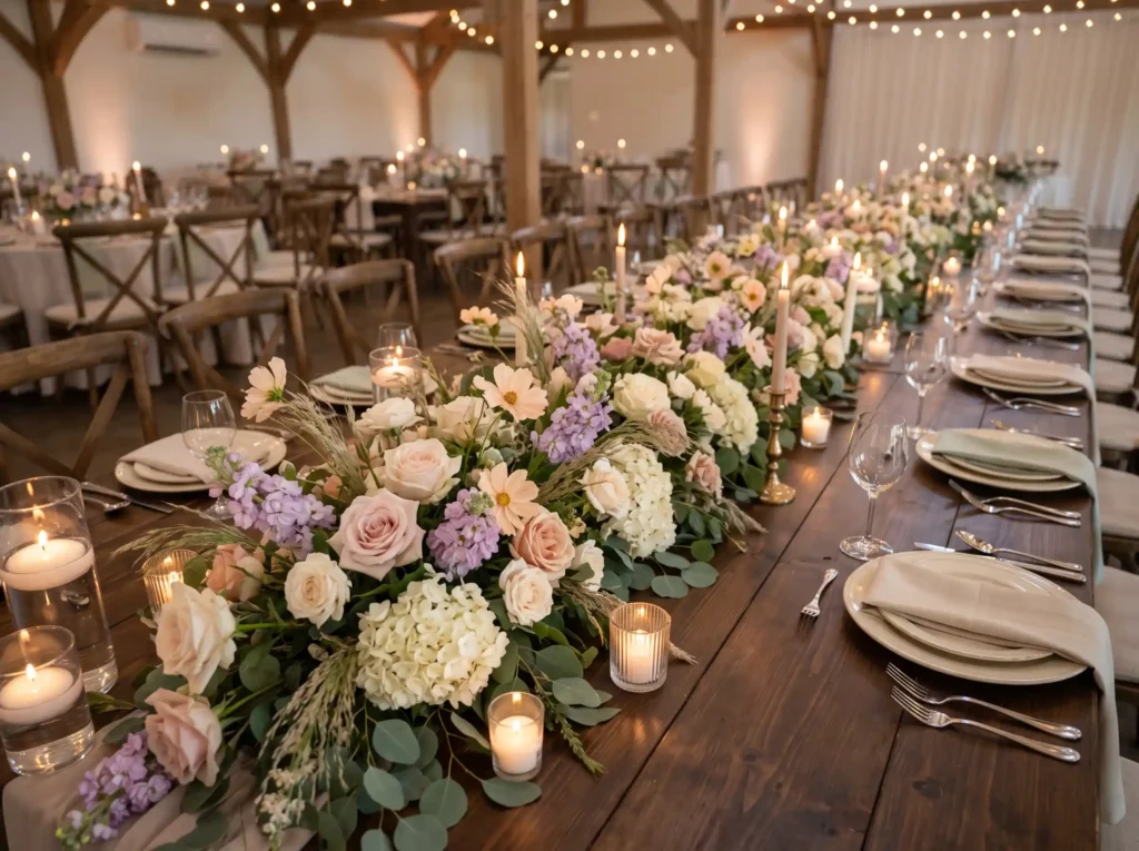 Garden Mist Floral Runner Inspiration A flouris Floral runner on reception table