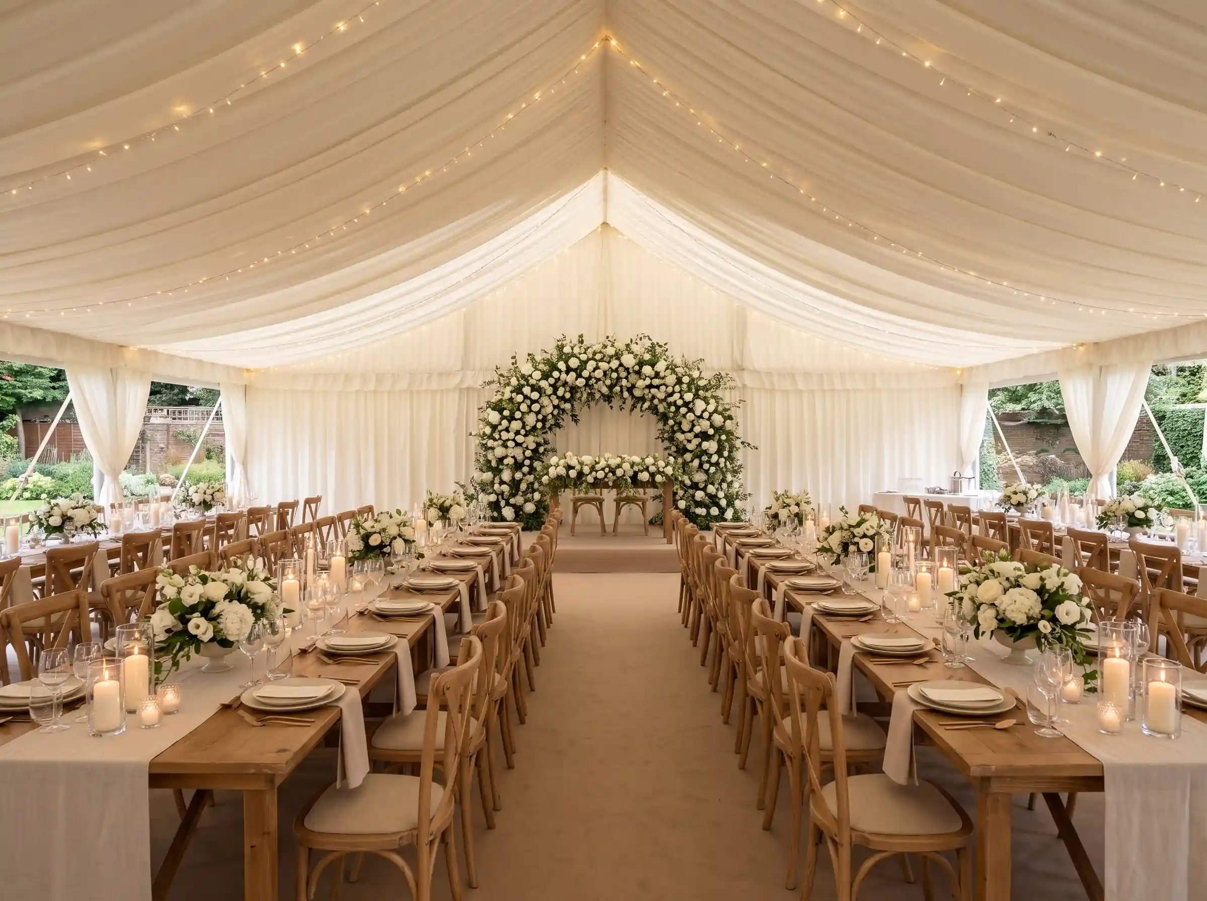 Ivory canopy ceremony-to-dinner tent with layered draping and half-moon floral wall backdrop