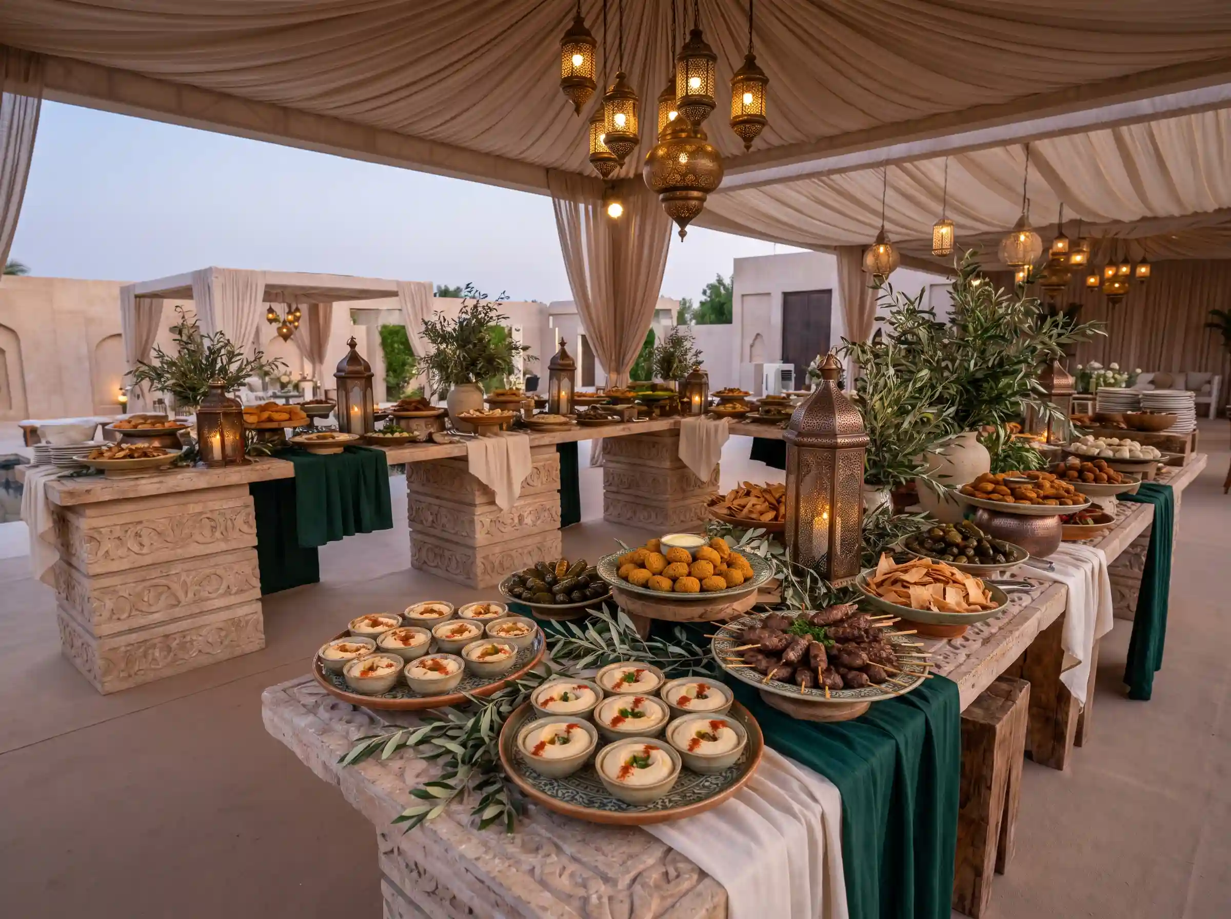 Middle Eastern mezze wedding buffet with artisan ceramics bronze lanterns and patterned stone surfaces