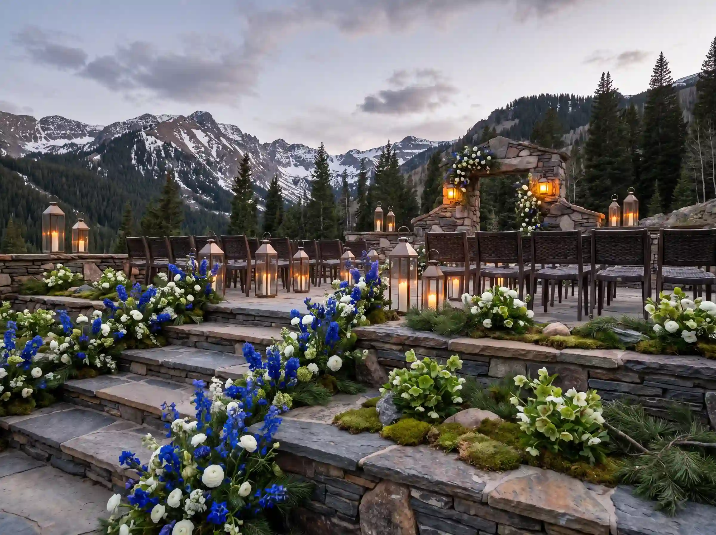 Vibrant blue gentian flowers cascading over layered stone terraces with white ranunculus at a mountain wedding ceremony