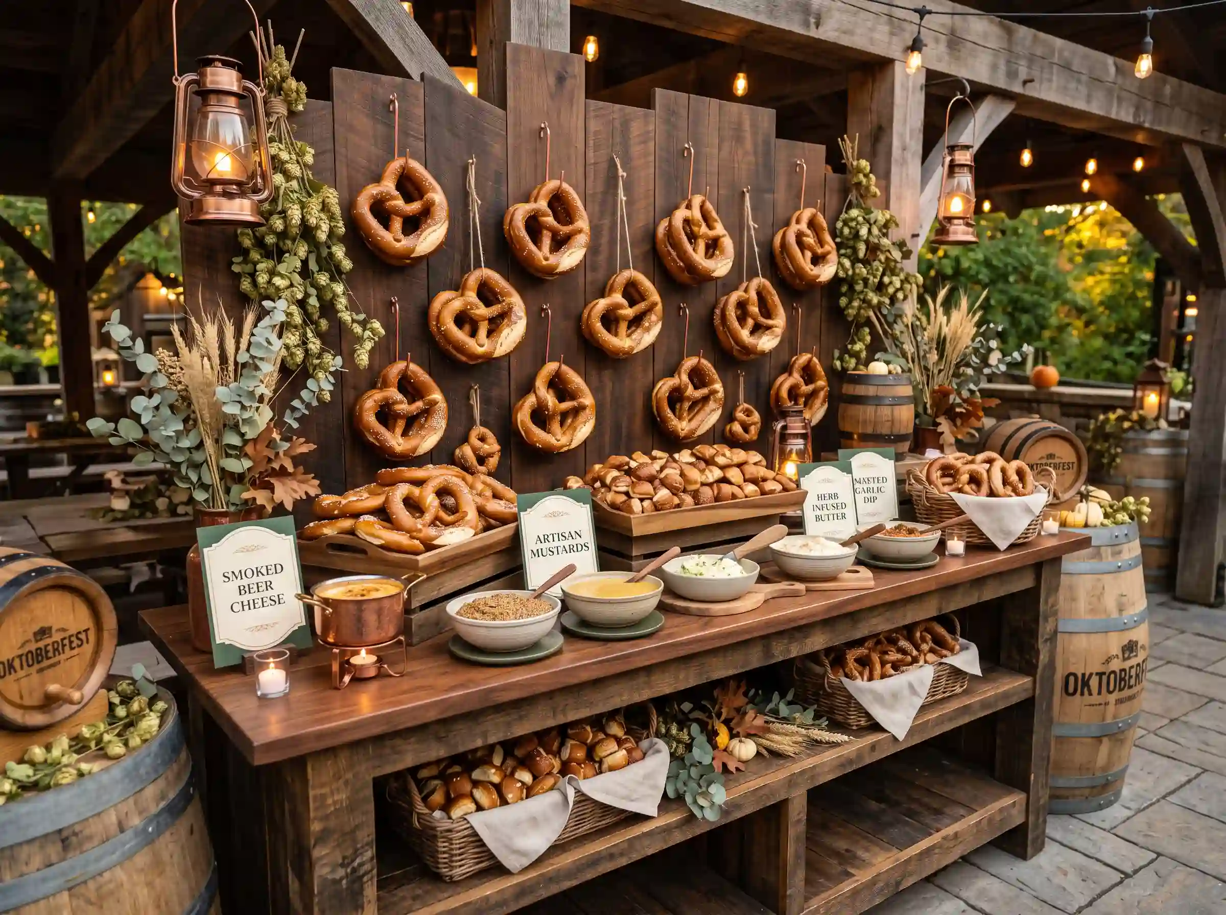 Rustic pretzel and beer cheese biergarten station with suspended pretzel wall and vintage barrels at wedding