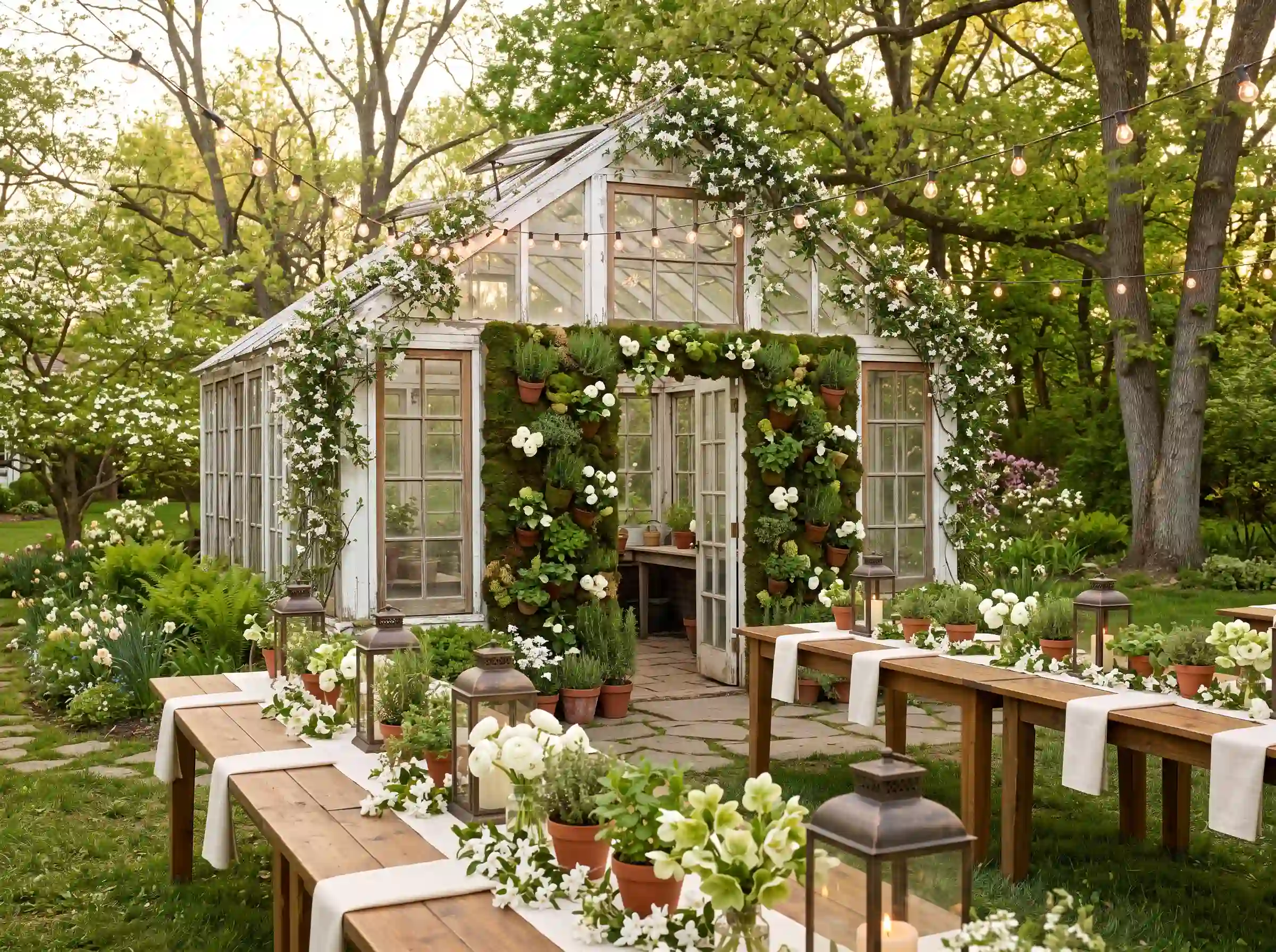Rustic greenhouse wedding gathering with harvest vegetables and potted herbs decorating charming wooden tables