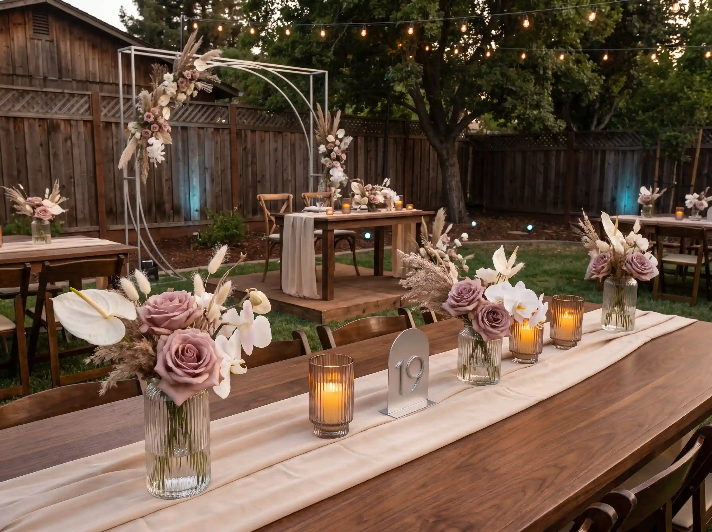 Rustic neo-deco backyard wedding reception with walnut tables and silver accents